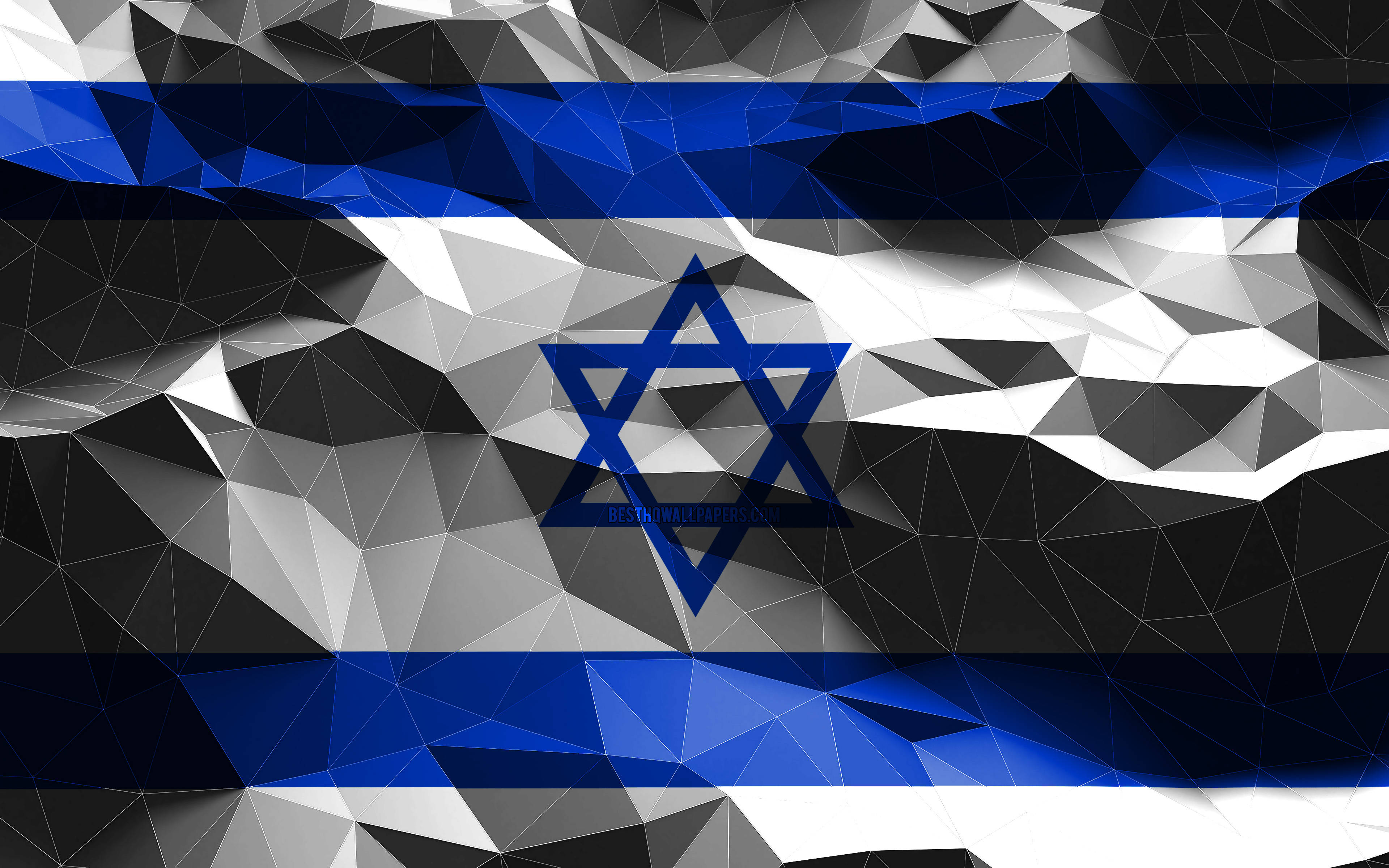 Israel Flag, geometric low-poly digital artwork, blue, 4K Desktop Wallpaper