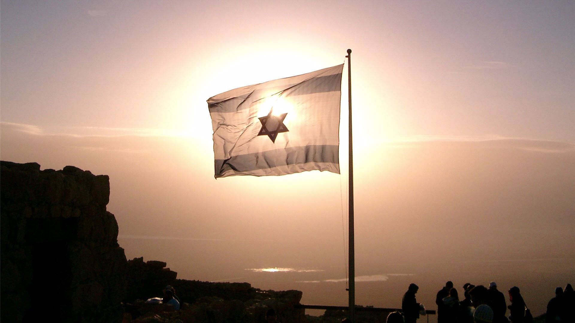 Israel flag, sunset sky, rocky terrain, Full HD Desktop Wallpaper