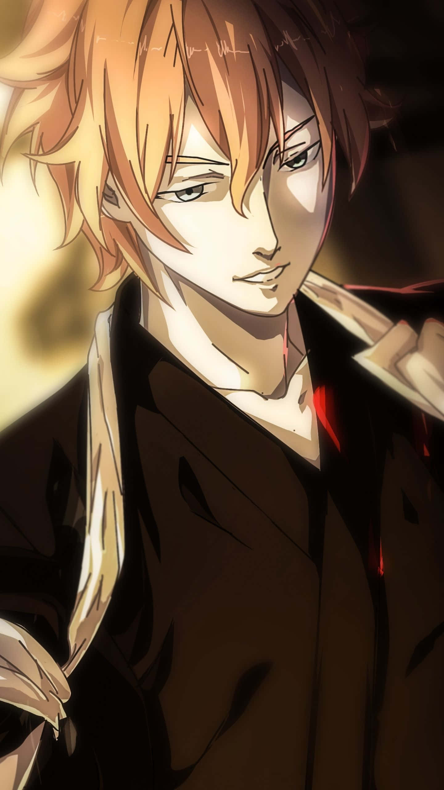 Isshiki Satoshi, orange hair, dark coat with red accents, 2K Phone Wallpaper