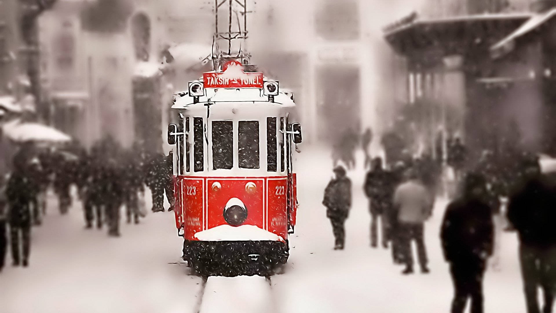 Istanbul, red vintage train, snowy urban street, Full HD Desktop Wallpaper