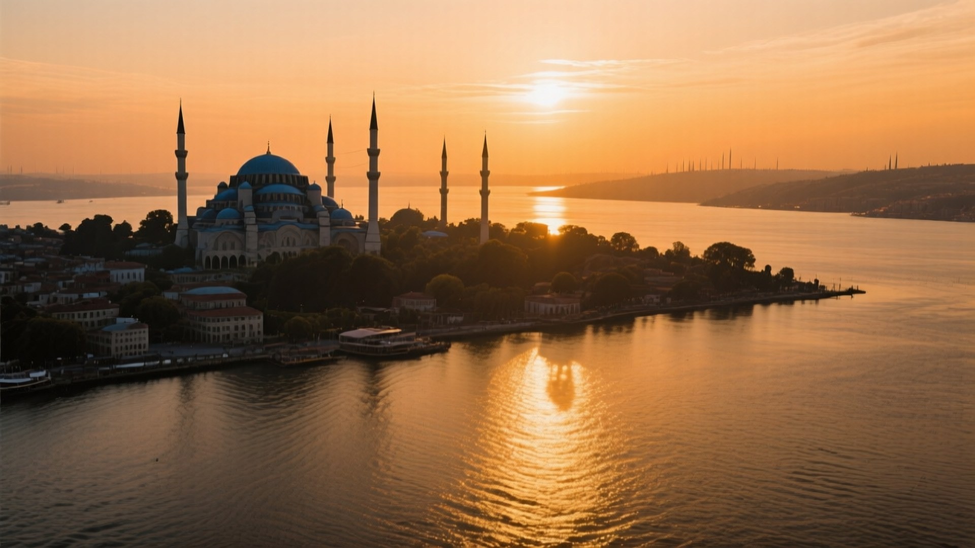 sunset, historic peninsula, blue-domed mosque, Full HD Desktop Wallpaper