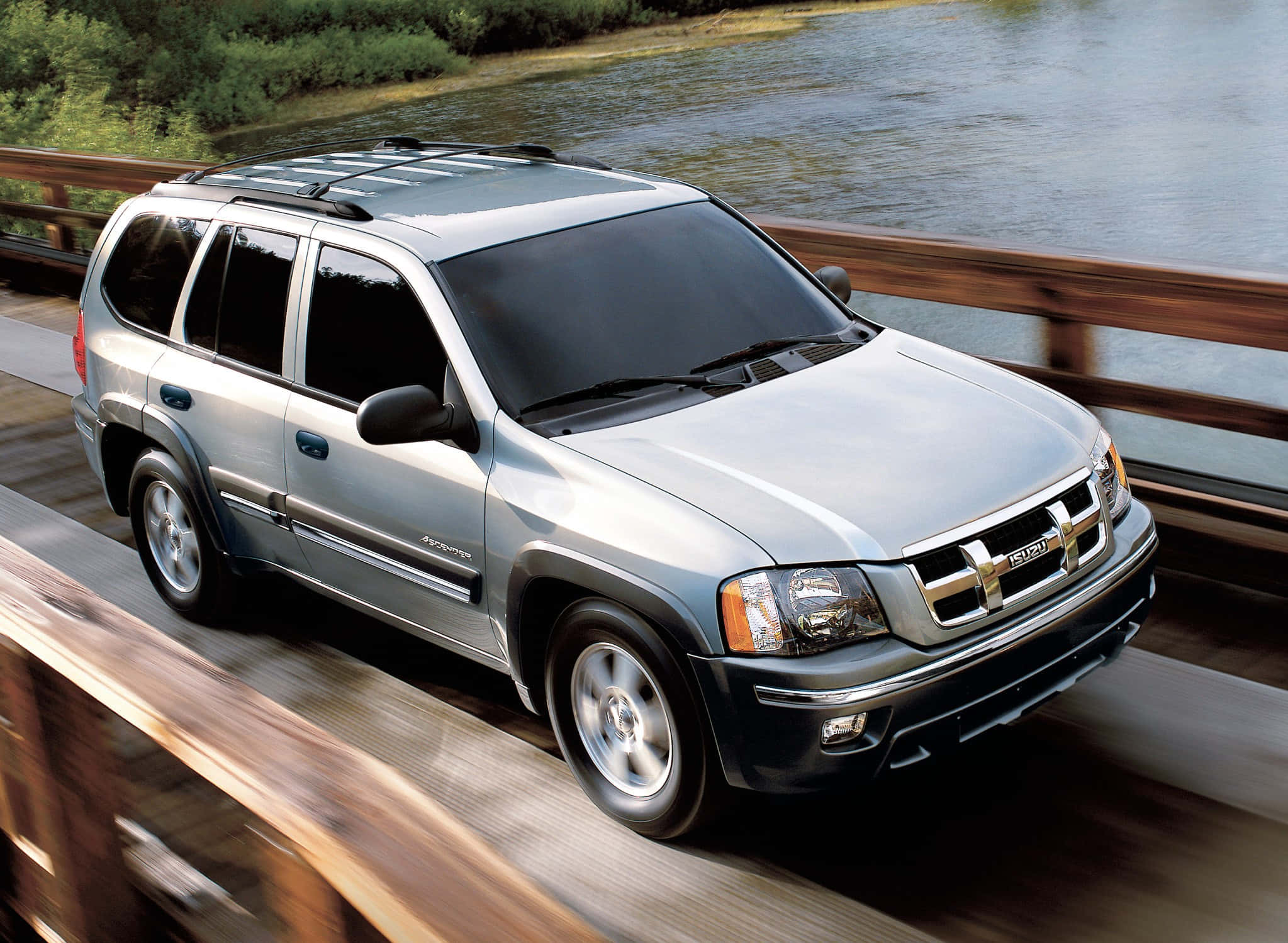 Isuzu Ascender, sleek silver, wooden bridge, Full HD Desktop Wallpaper
