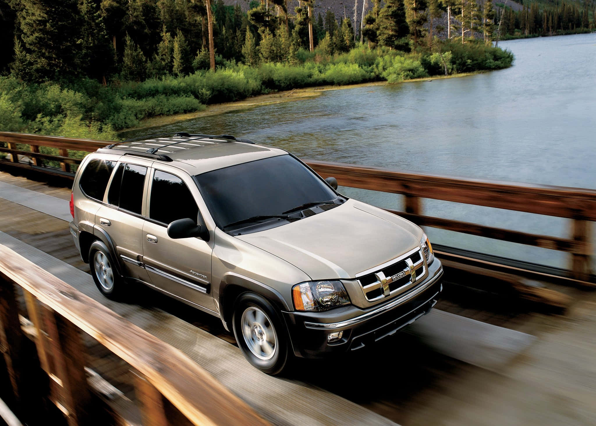Isuzu Ascender, silver, wooden bridge, Full HD Desktop Wallpaper