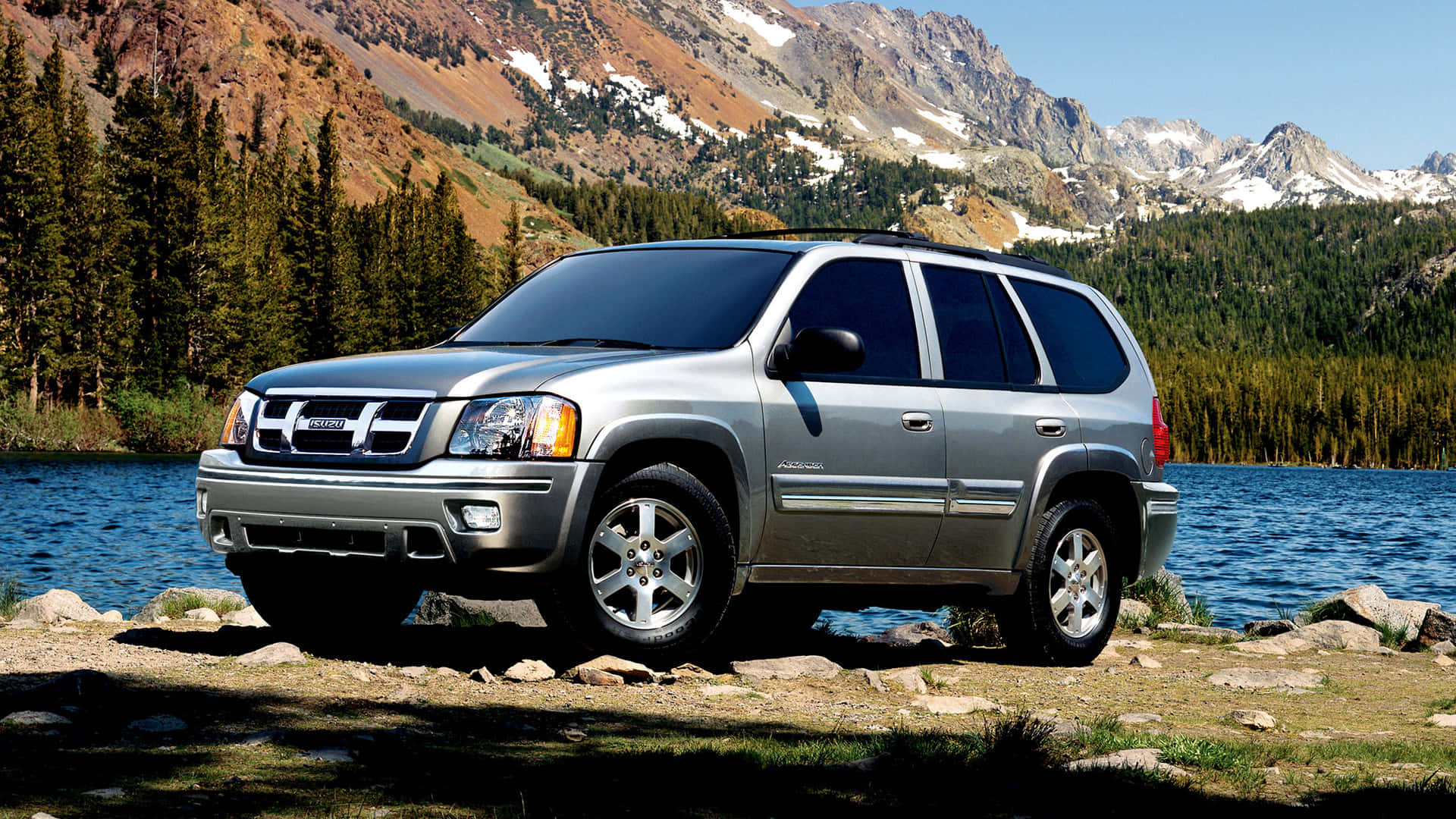 Isuzu Ascender, silver, rocky lakeshore, Full HD Desktop Wallpaper