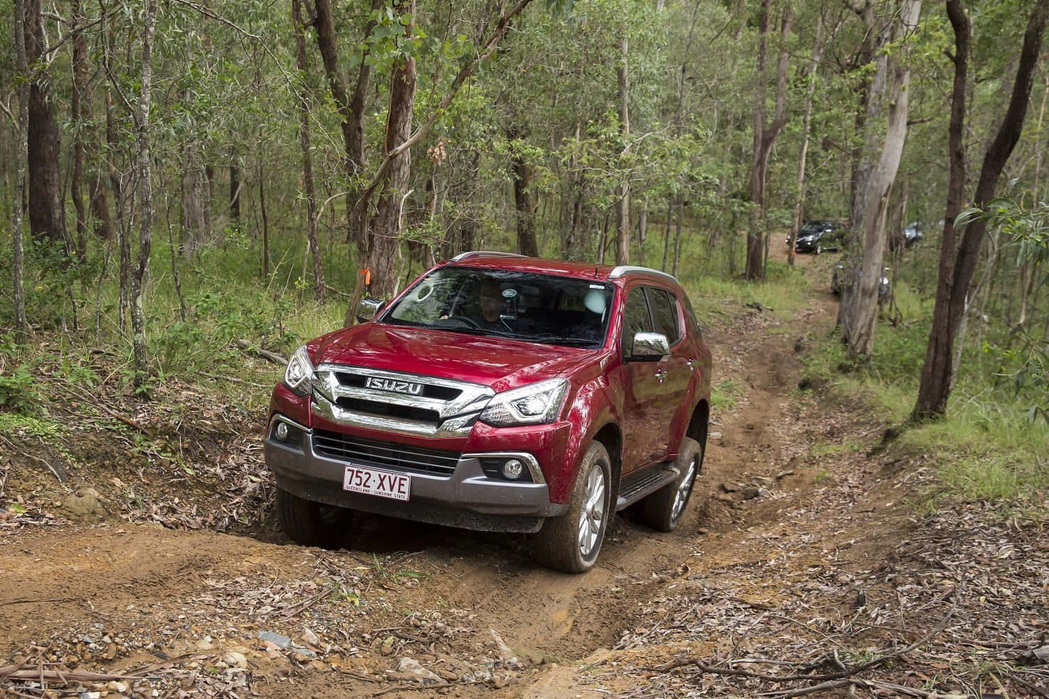 Isuzu MU-X, red, muddy forest trail, HD Desktop Wallpaper
