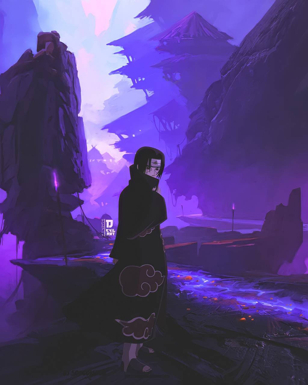 Itachi, black cloak with red clouds, mystical purple canyon, HD Phone Wallpaper