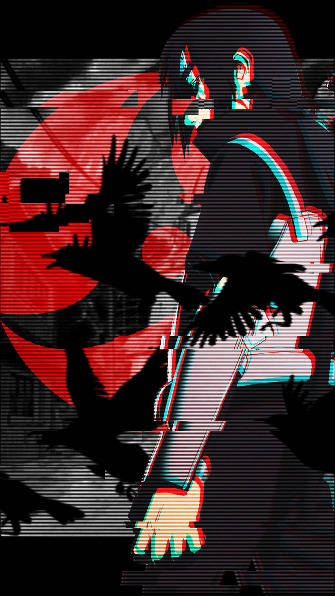 Itachi, glitchy red moon, black crows, Full HD Phone Wallpaper