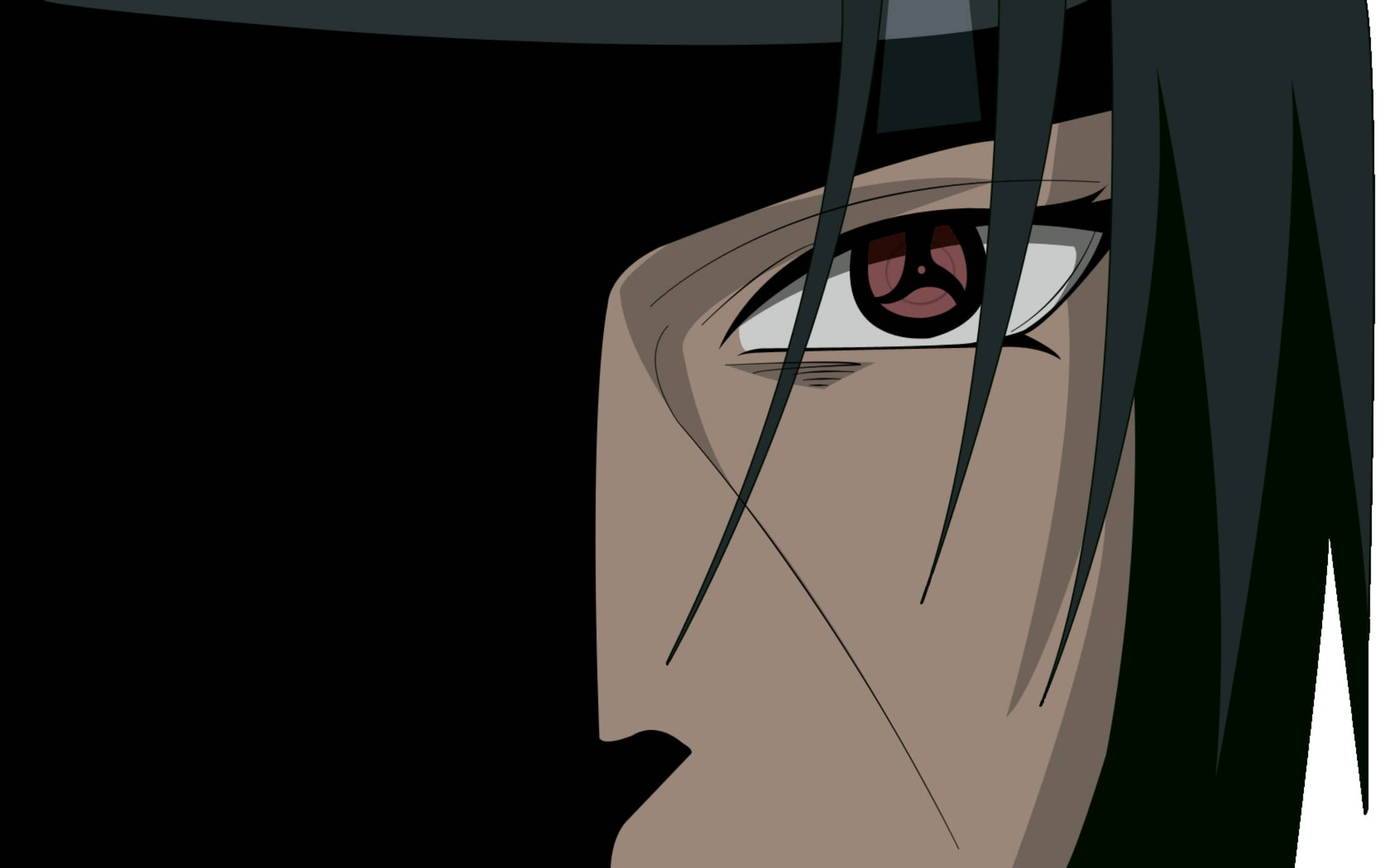 Itachi, red tomoe pattern, stark black background, 2K Desktop Wallpaper