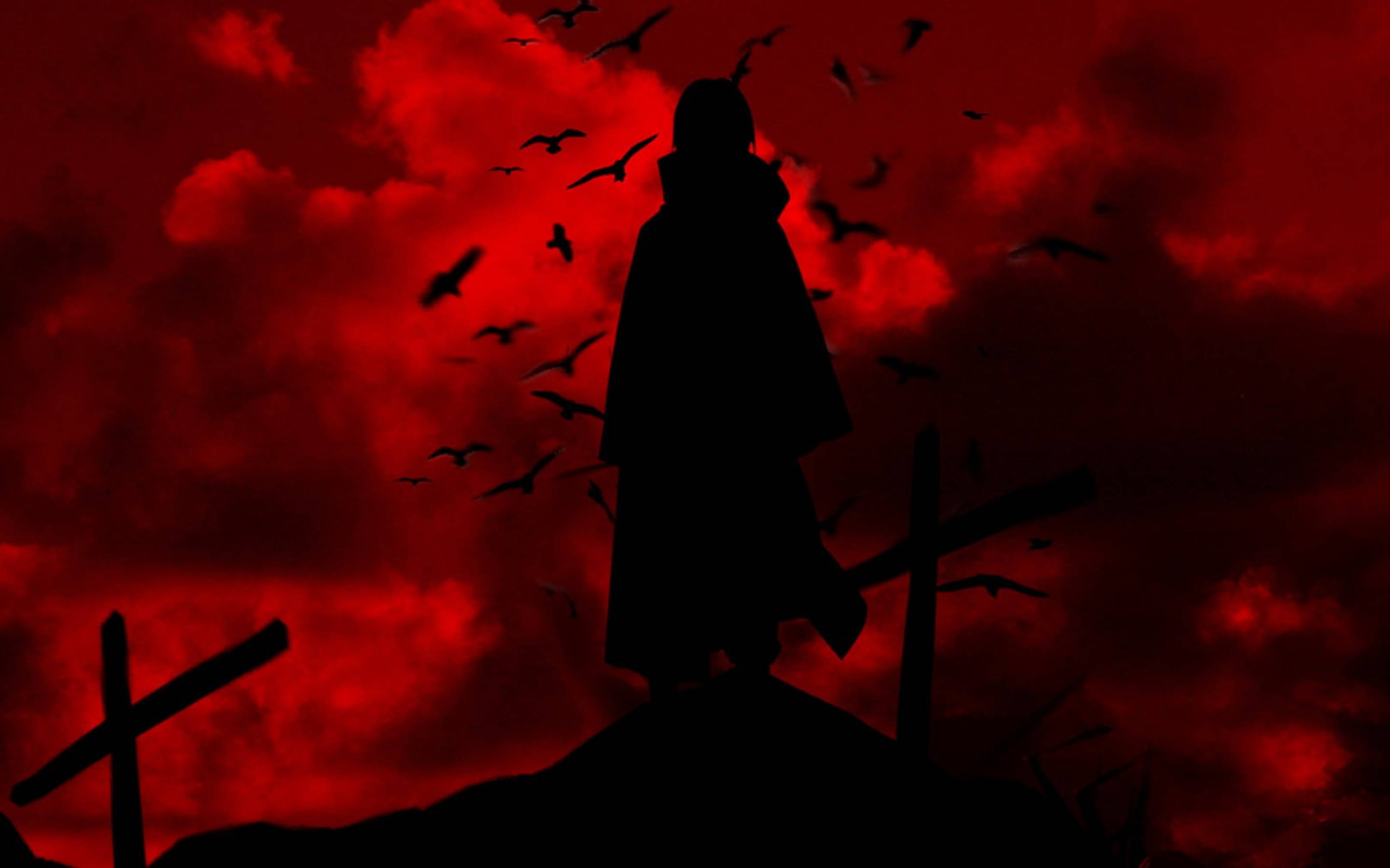 Itachi Black, silhouette, red background, 2K Desktop Wallpaper