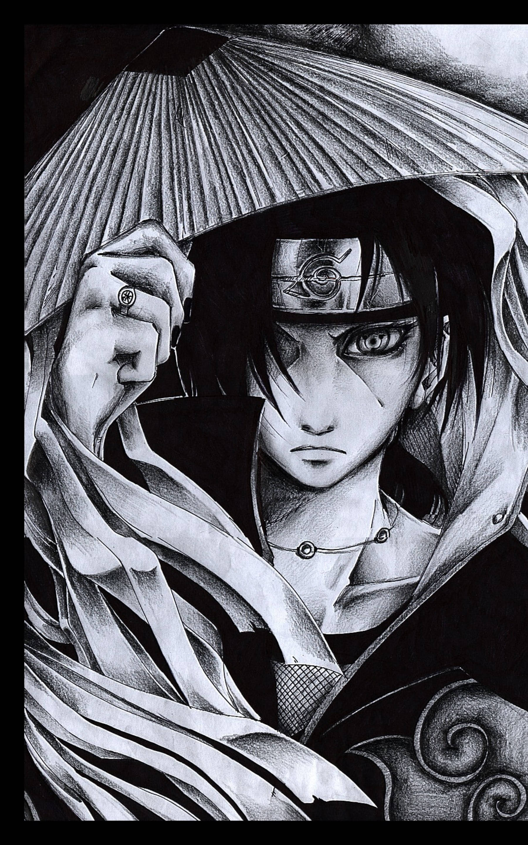 Itachi, black and white pencil drawing, masked anime character, 2K Phone Wallpaper