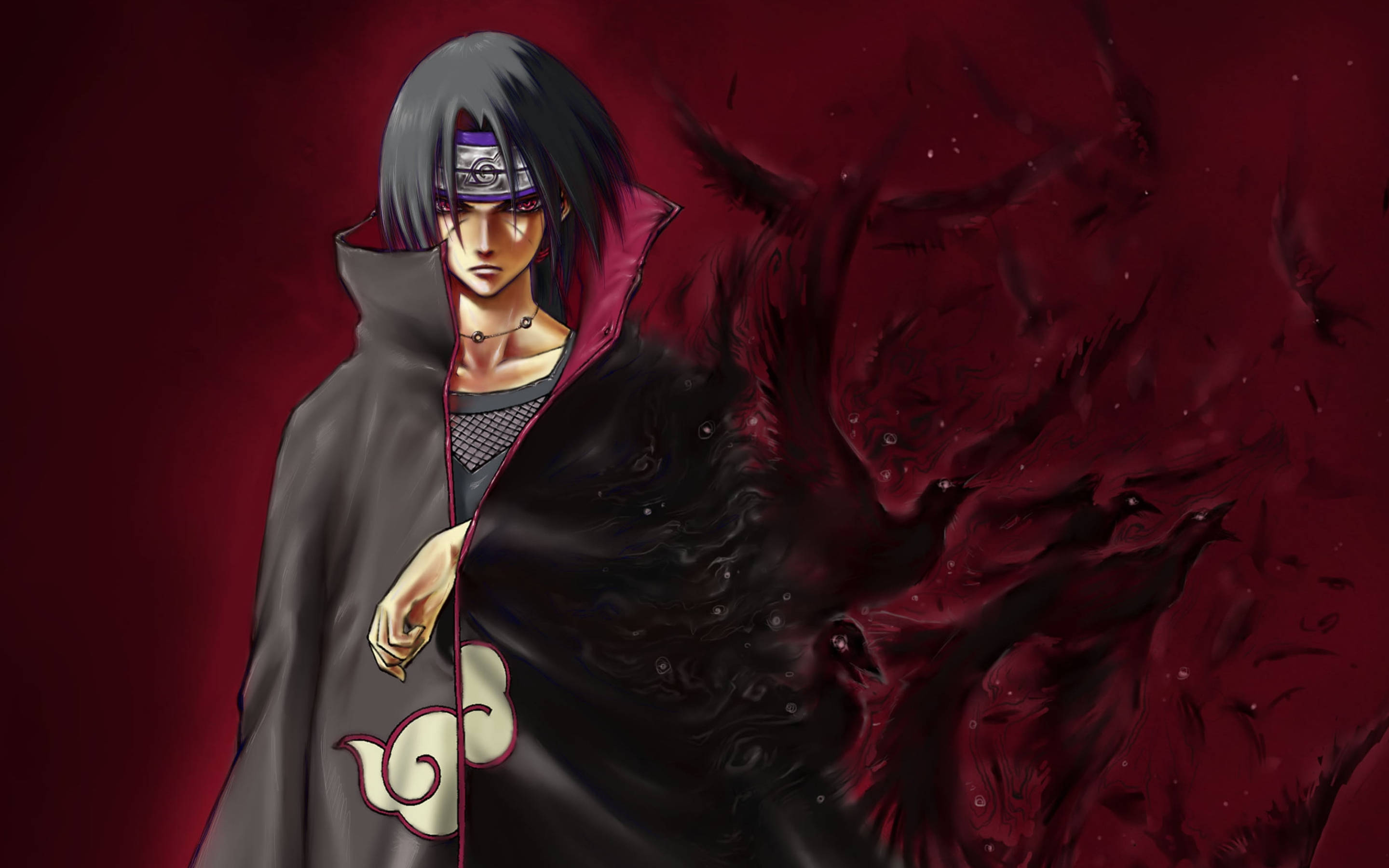 Itachi, dark cloak, red eyes, 2K Desktop Wallpaper