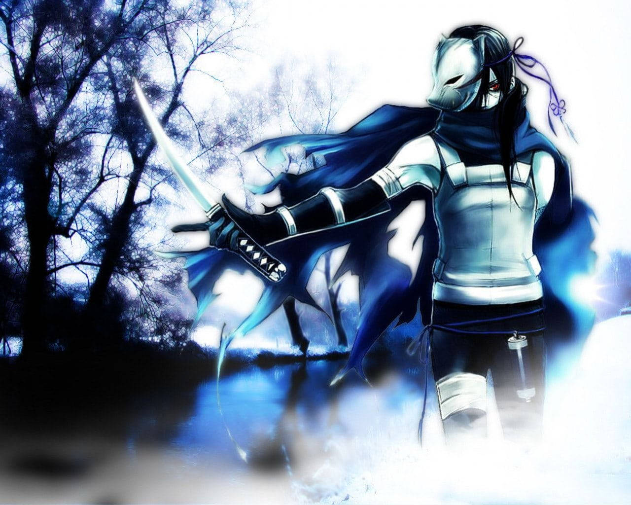 Itachi Cool Sword, masked anime warrior, blue cloak, HD Desktop Wallpaper