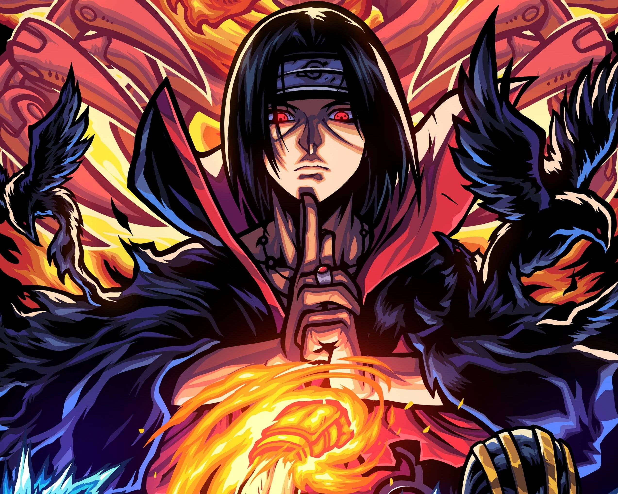 Itachi Cool Fire, red eyes, black cloak, Full HD Desktop Wallpaper
