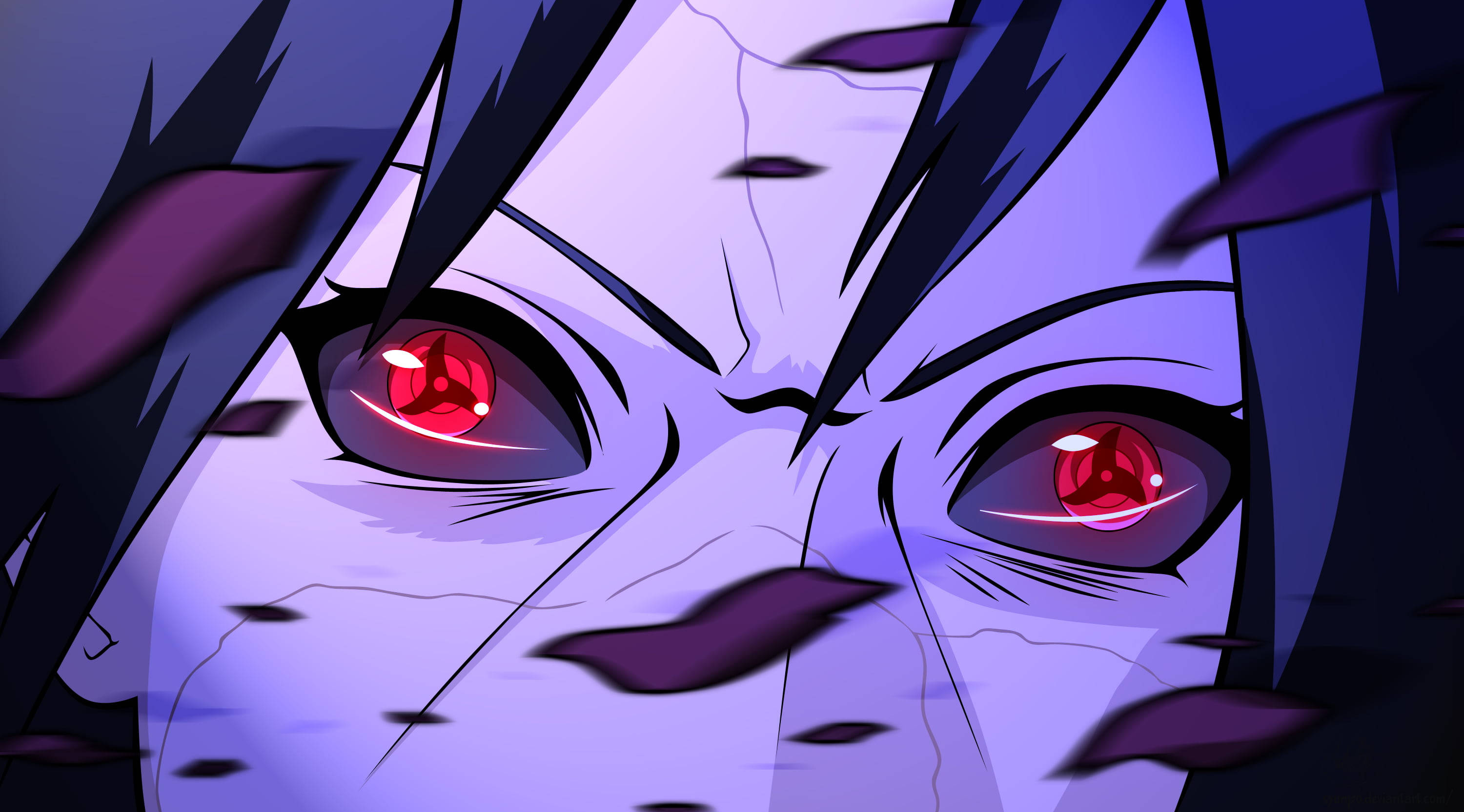 Itachi Cool, glowing red eyes, purple hair, 2K Desktop Wallpaper