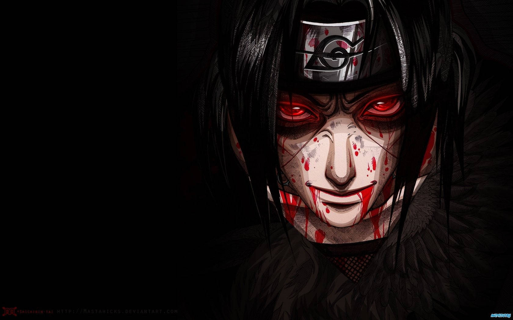 Itachi Cool, bloody face, glowing red eyes, HD Desktop Wallpaper