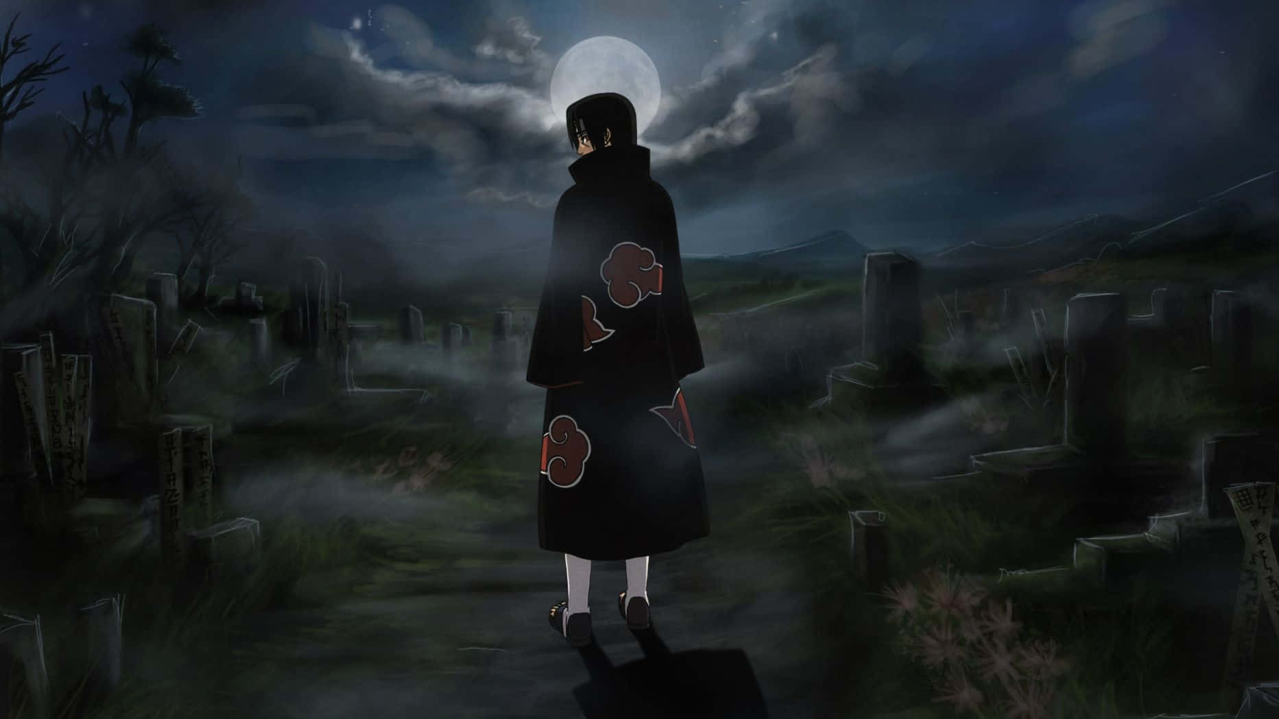 Itachi, black cloak with red clouds, full moon, HD Desktop Wallpaper