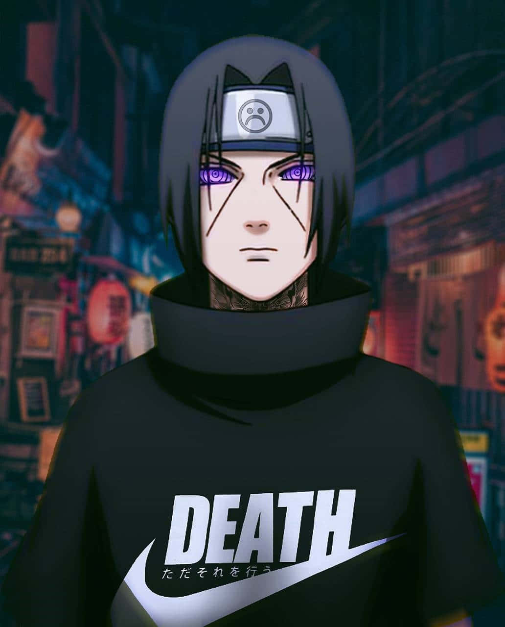 Itachi, purple Rinnegan Sharingan eyes, neon-lit urban alley, HD Phone Wallpaper