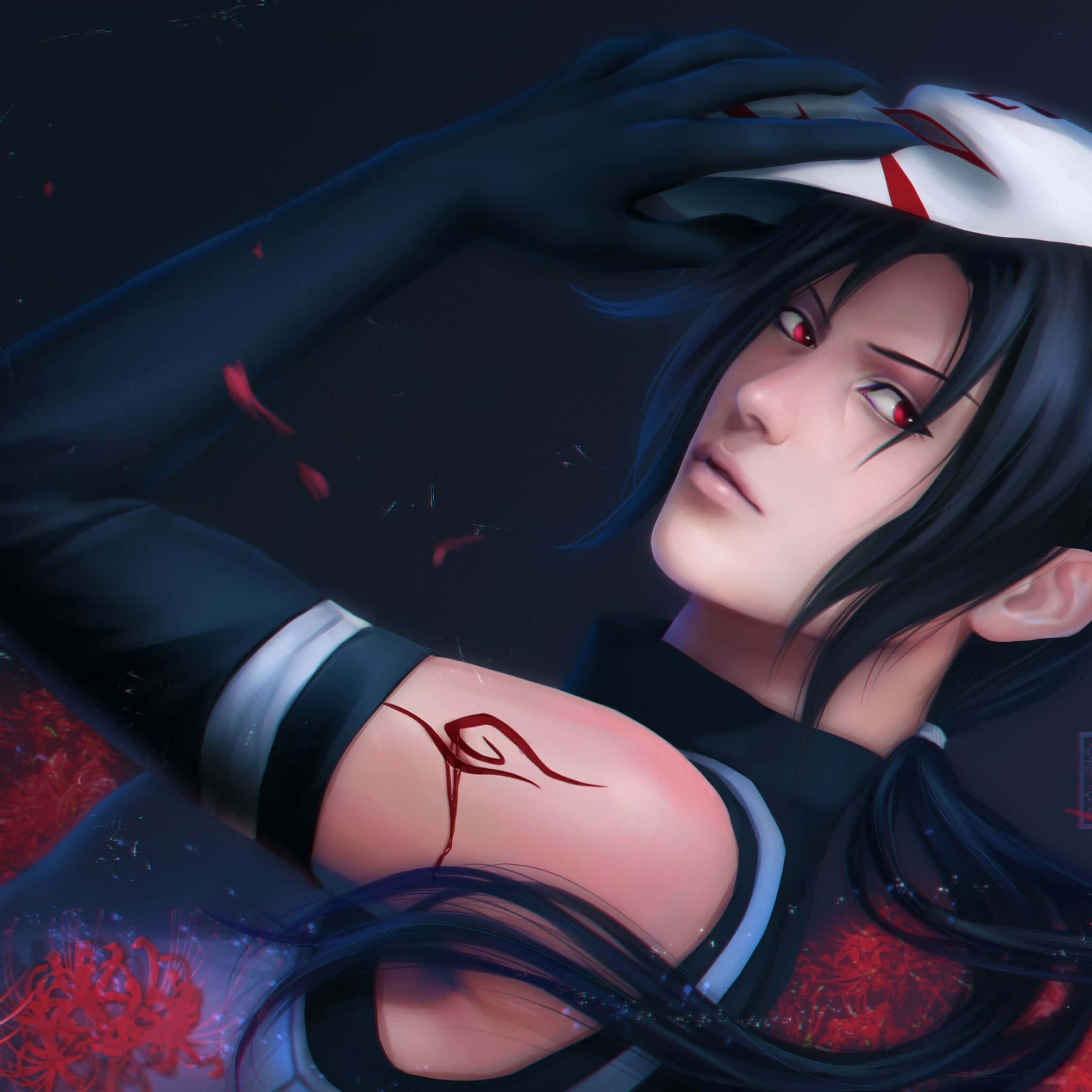 Itachi, red eyes, red tattoo on shoulder, Full HD Desktop Wallpaper