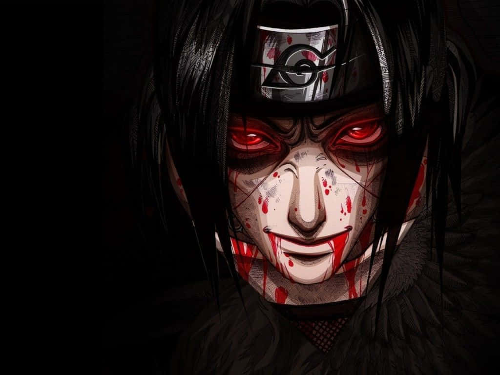 Itachi Face, glowing red eyes, blood splatters, SD Desktop Wallpaper
