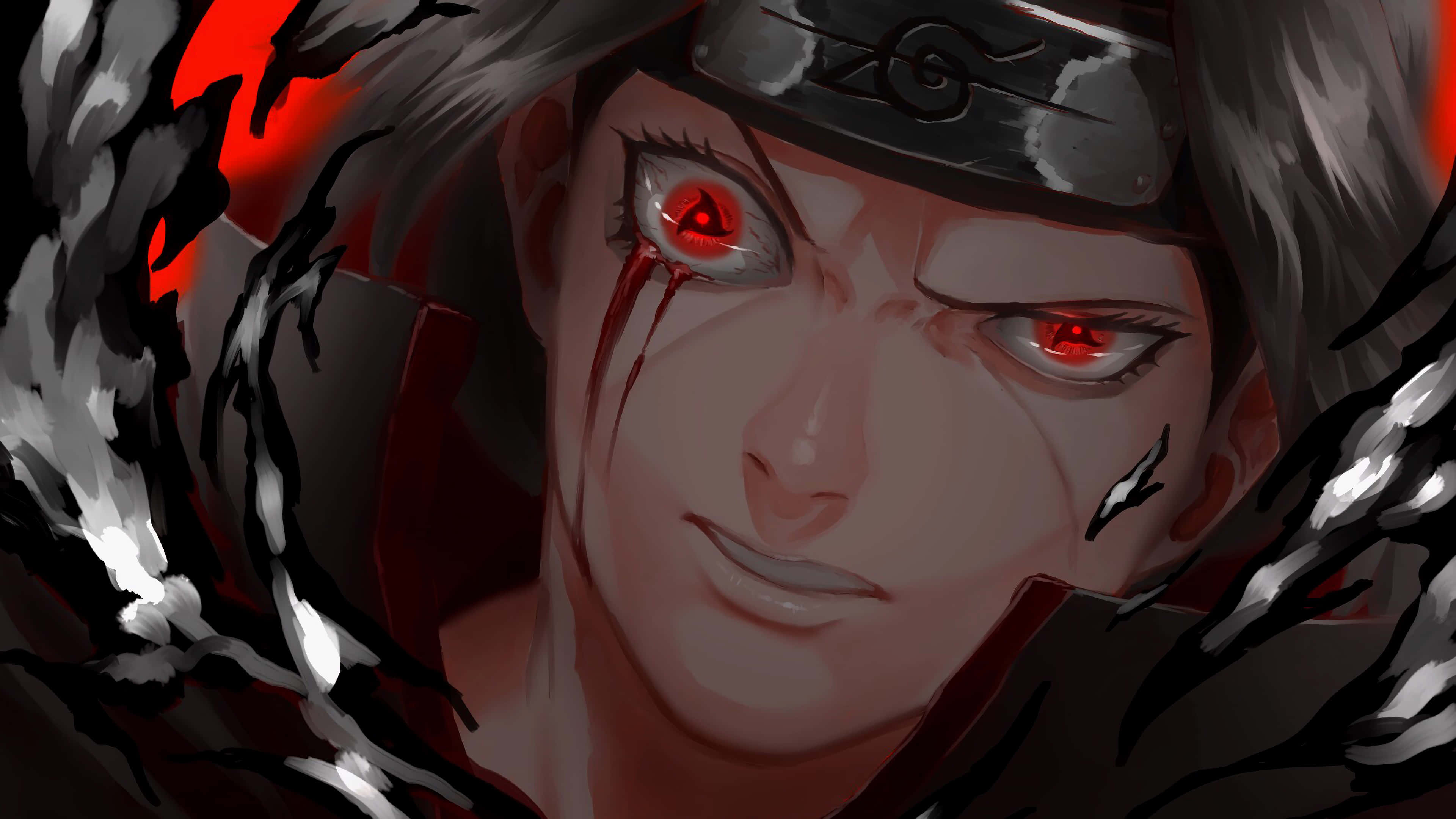 Itachi Live, glowing red eyes, black chakra tendrils, 4K Desktop Wallpaper