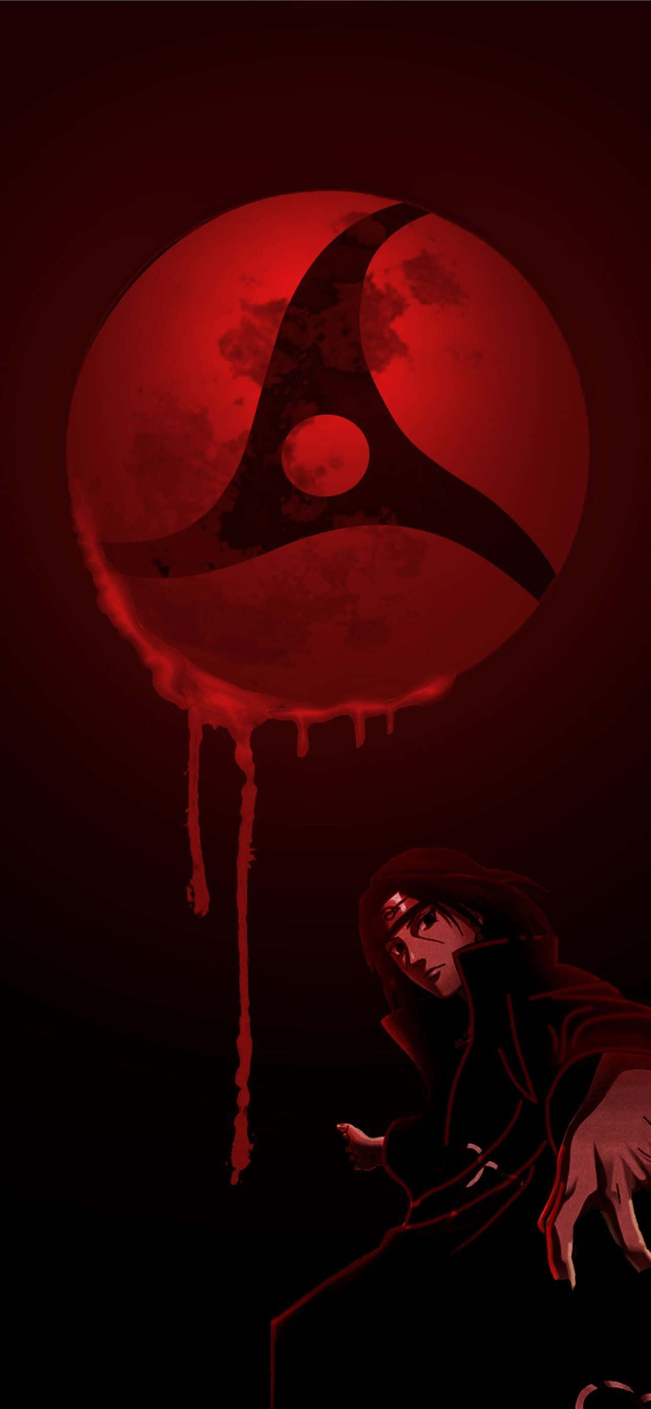 Itachi Mangekyou Sharingan, red moon, black trigram symbol, 2K Phone Wallpaper