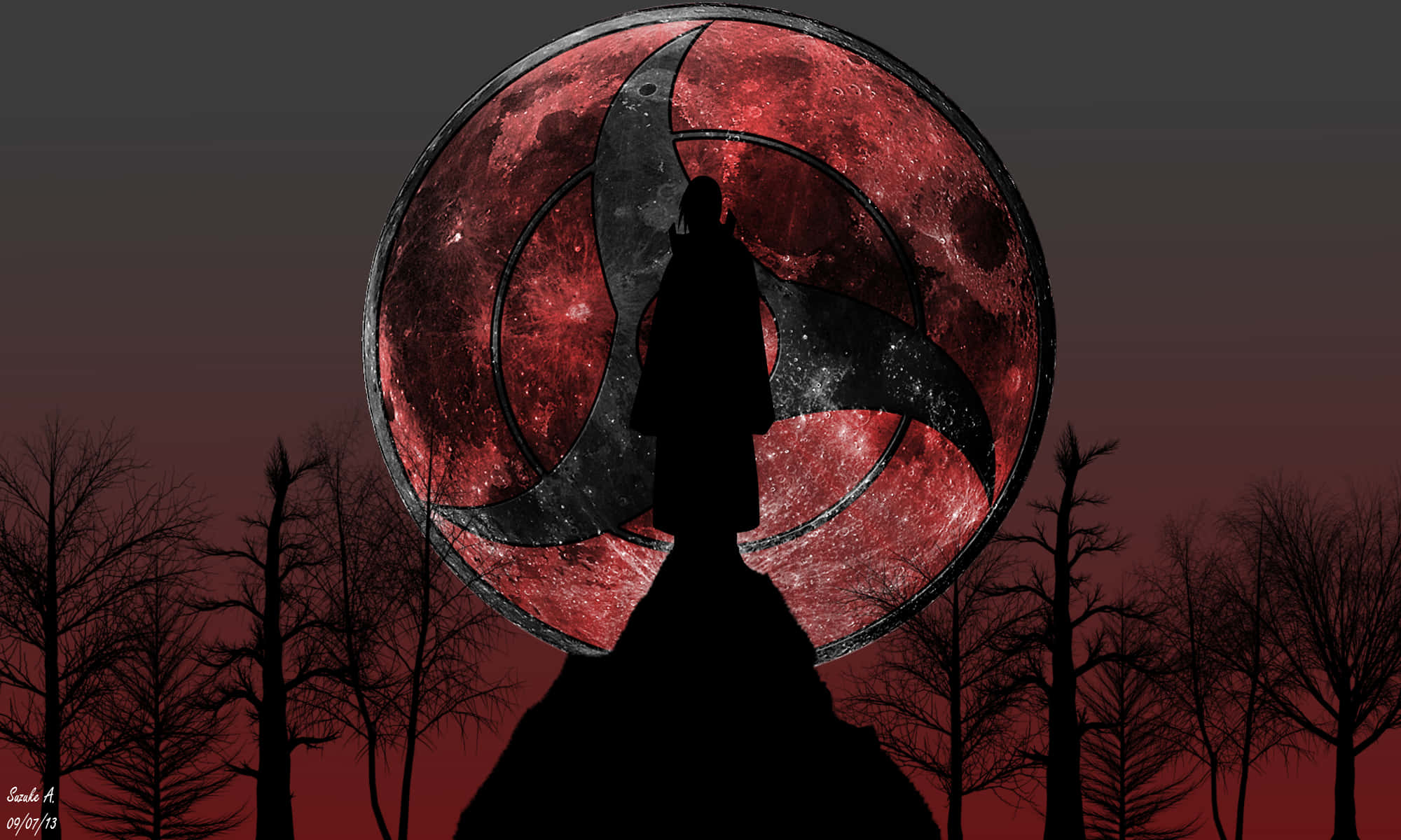Itachi Mangekyou Sharingan, red moon, black spiral symbol, Full HD Desktop Wallpaper