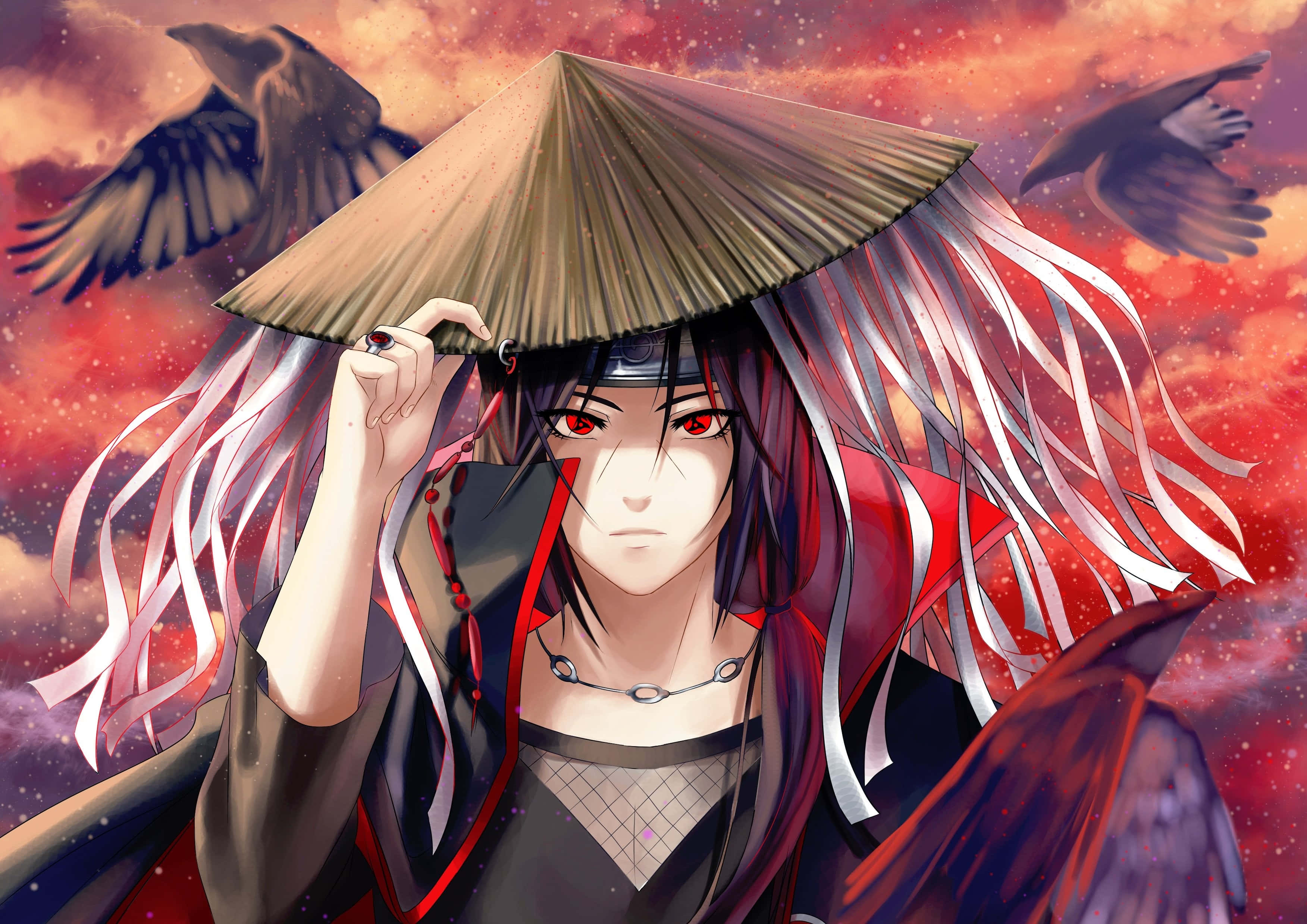 Itachi Mangekyou Sharingan, red-eyed anime warrior, long silver hair, 2K Desktop Wallpaper