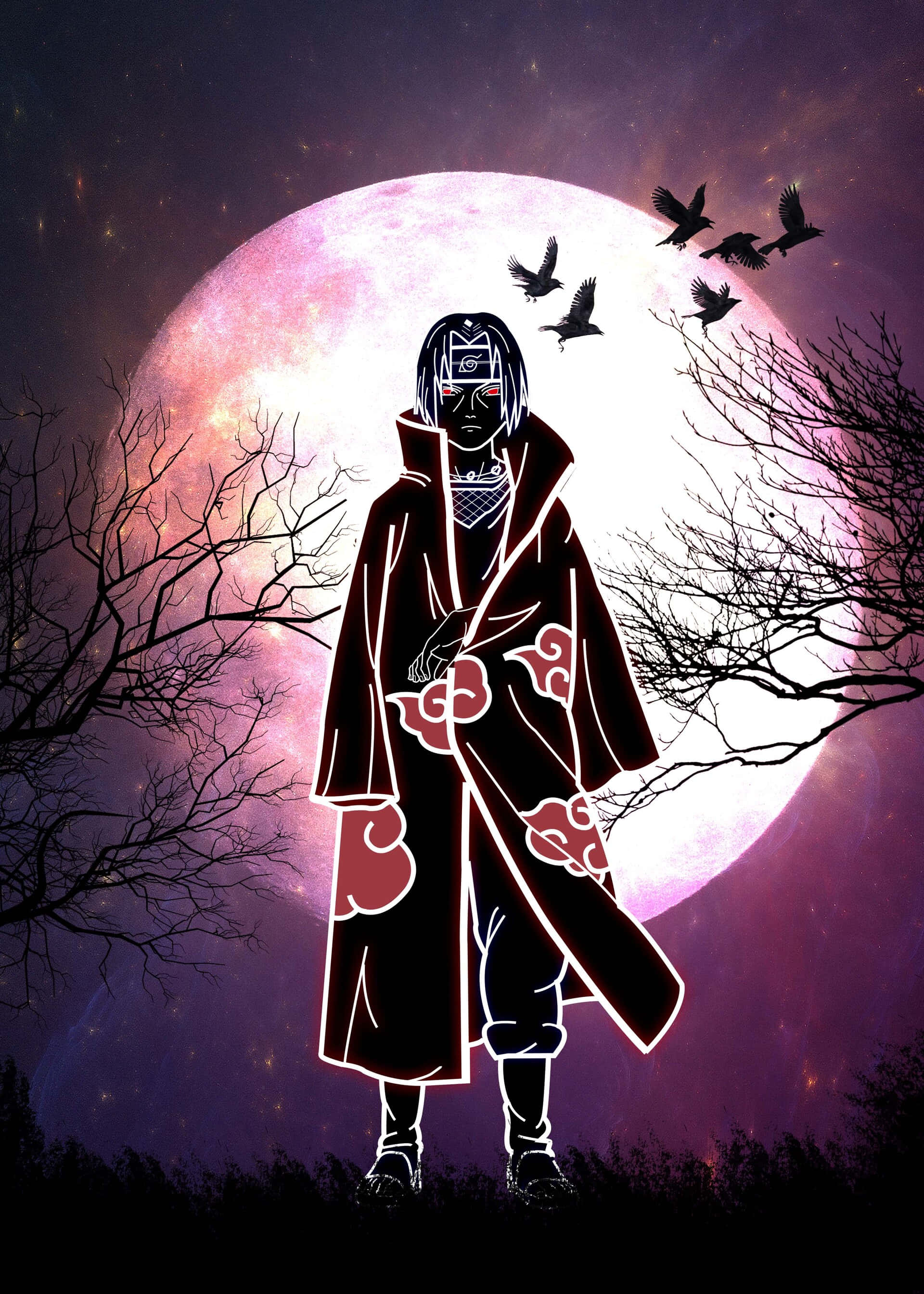 Itachi, black cloak with red clouds, glowing pink moon, 2K Phone Wallpaper