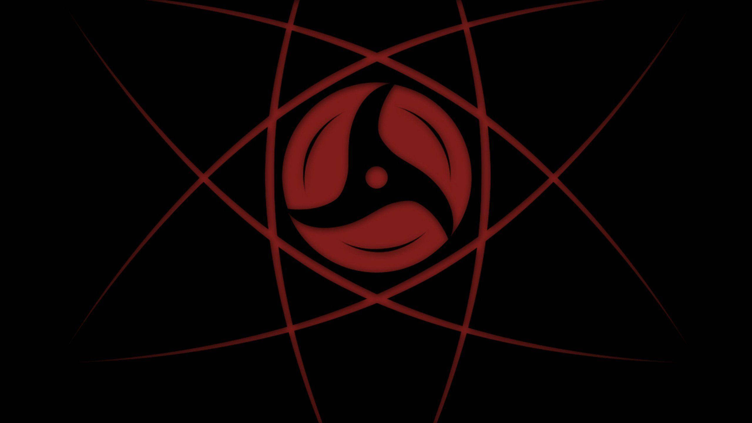 Itachi Sharingan, glowing red spiral emblem, intersecting lines, 2K Desktop Wallpaper