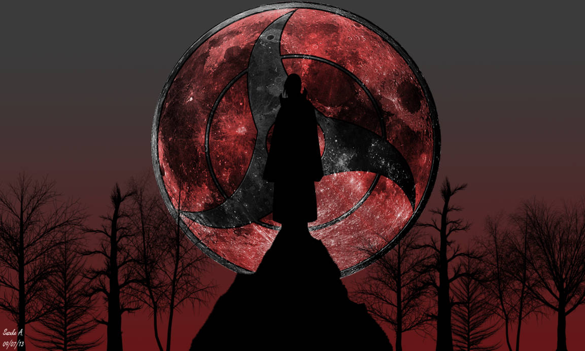 Itachi Sharingan, red moon, black spiral symbol, SD Desktop Wallpaper