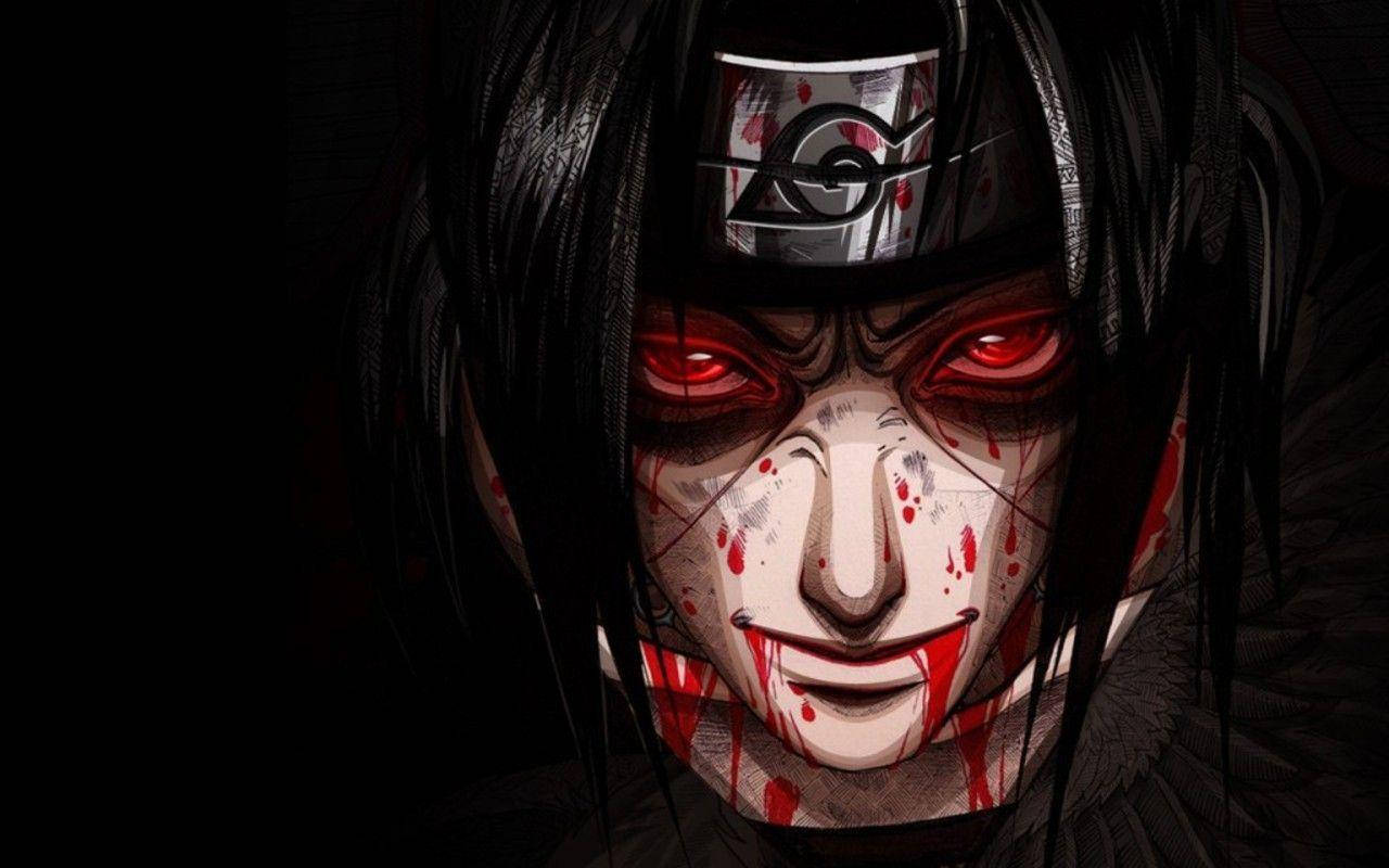 Itachi Sharingan, glowing red eyes, blood splatters, HD Desktop Wallpaper