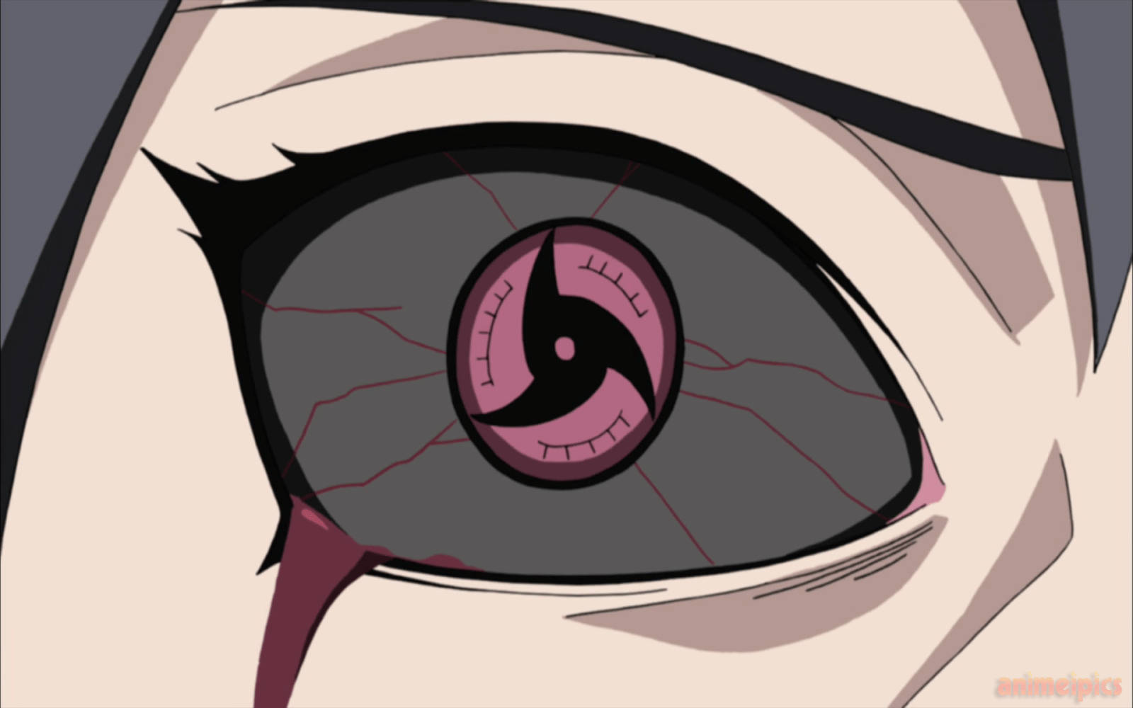 Itachi Sharingan, purple eye, pink and black tomoe pattern, HD Desktop Wallpaper