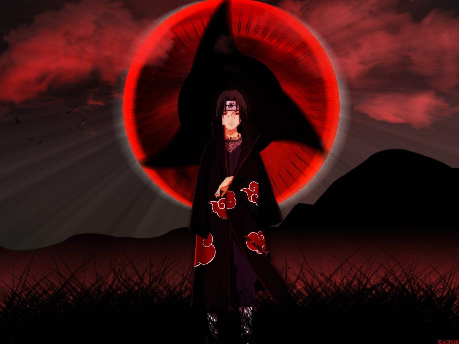 Itachi Sharingan, red eye, blood-red sky, HD Desktop Wallpaper