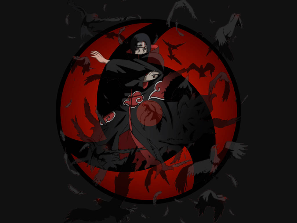 Itachi Sharingan, black cloak with red clouds, red spiral, SD Desktop Wallpaper