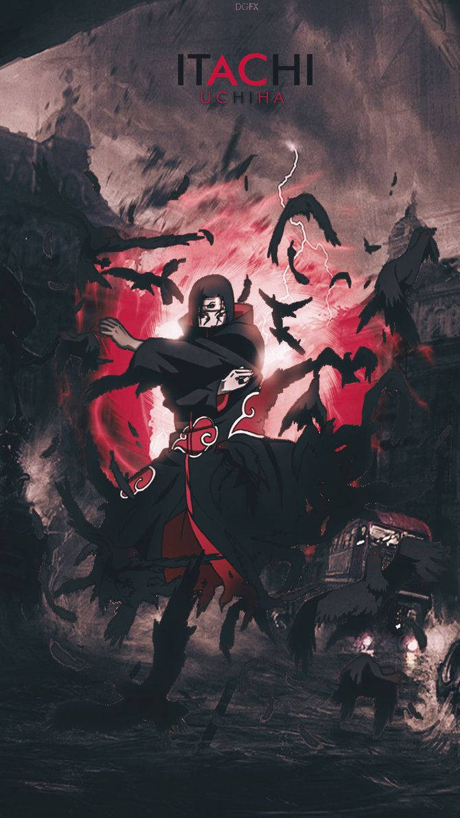 Itachi Uchiha, black crows, dark stormy scene, SD Phone Wallpaper