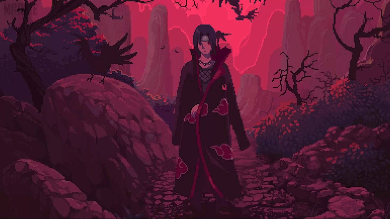 Itachi Uchiha, red cloud cloak, blood-red sky, HD Desktop Wallpaper