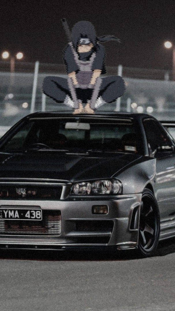 Itachi, crouching, silver sports car, SD Phone Wallpaper