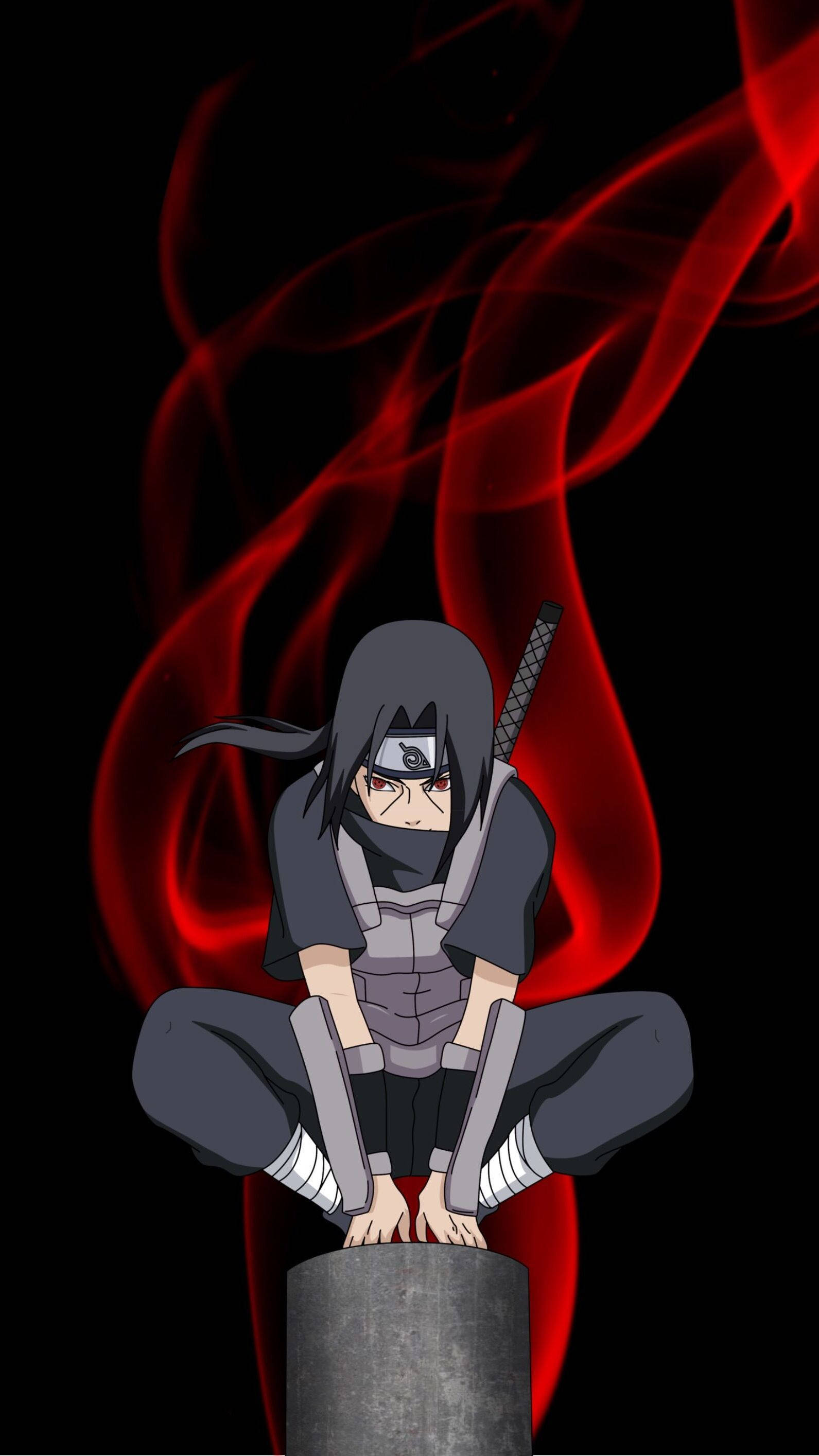 Itachi, red Sharingan, stone pillar, 2K Phone Wallpaper