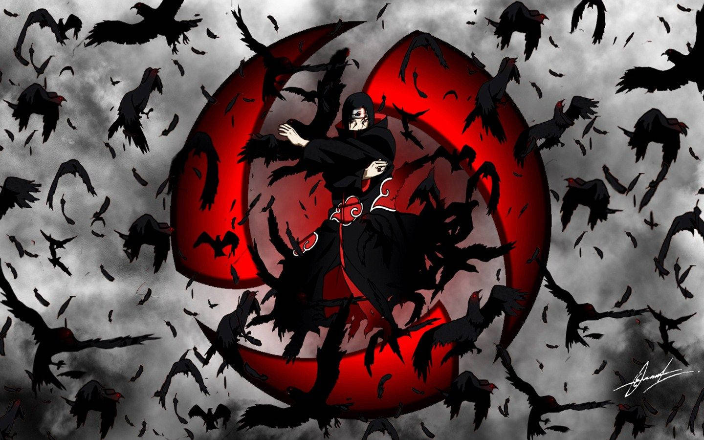 Itachi, black robes, glowing red spiral, HD Desktop Wallpaper