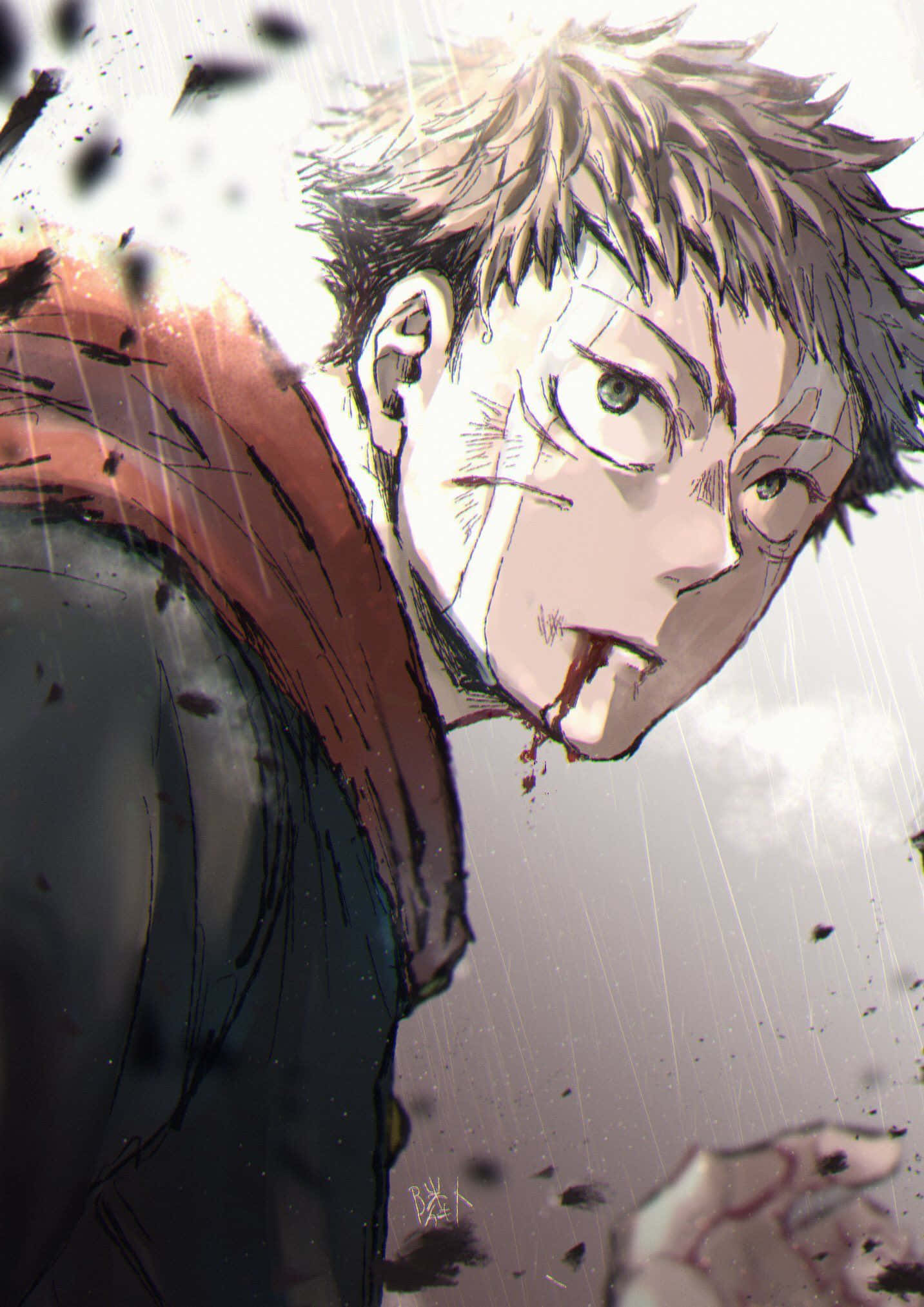 Itadori Yuji, bloodied mouth, messy hair, Full HD Phone Wallpaper