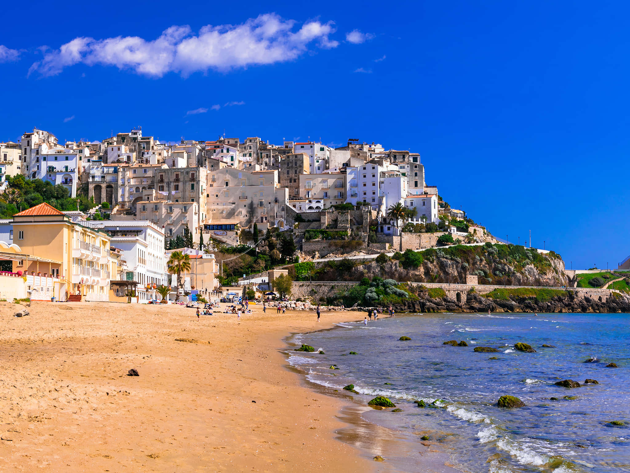 Italian beach, golden beach, turquoise sea, Full HD Desktop Wallpaper