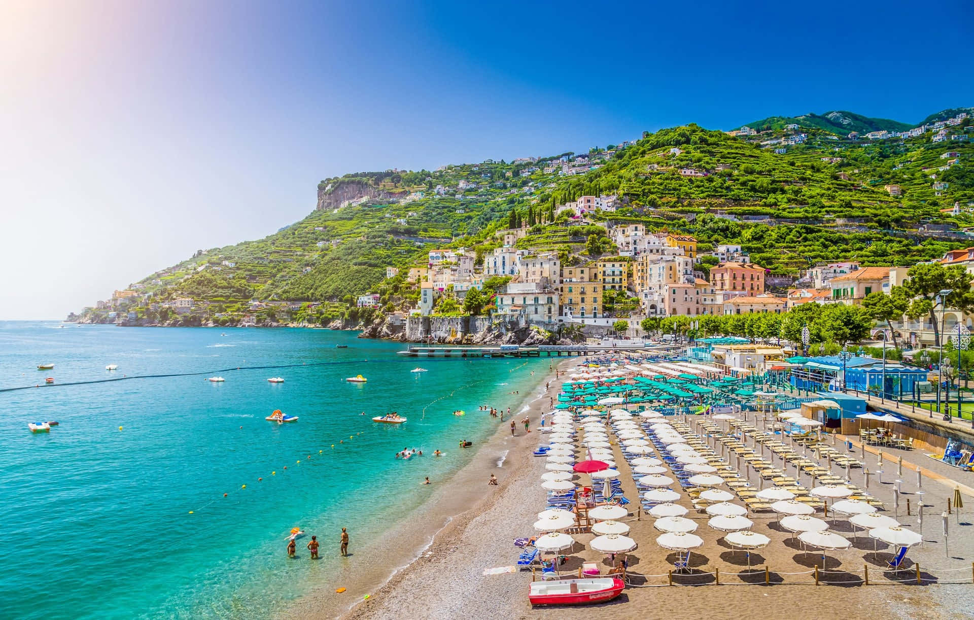 Italian beach, turquoise waters, white umbrellas, Full HD Desktop Wallpaper