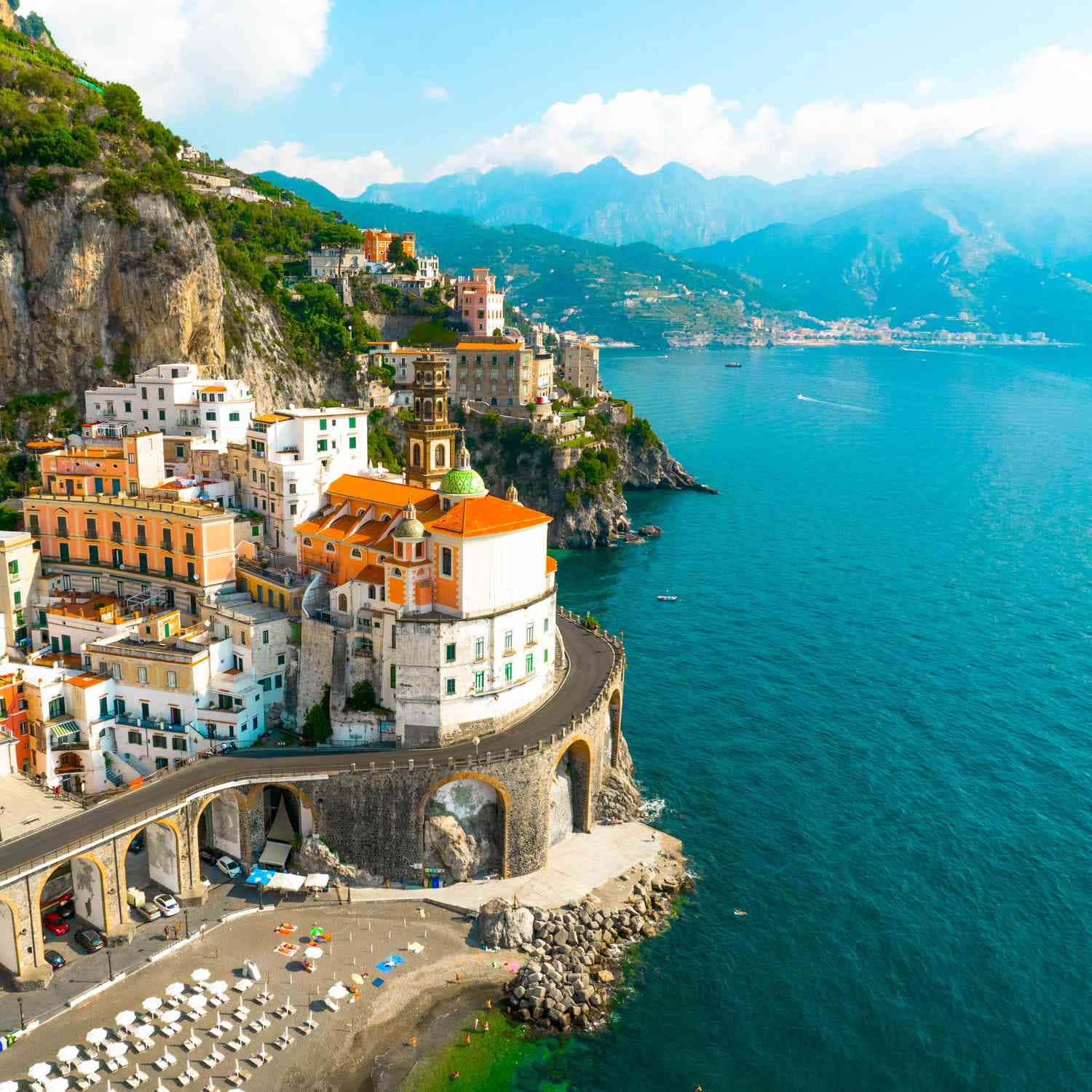 Italian Beach, terracotta roofs, rocky coast, HD Desktop Wallpaper