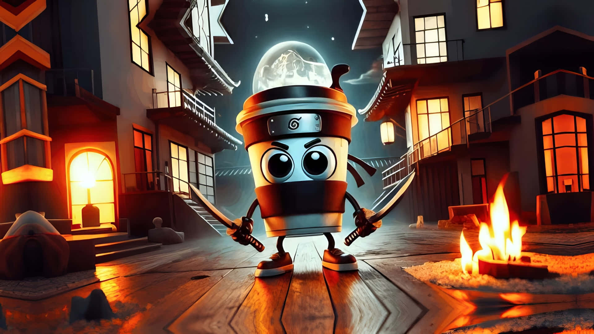 Italian Brainrot, cartoon coffee cup ninja, glowing eyes, Full HD Desktop Wallpaper