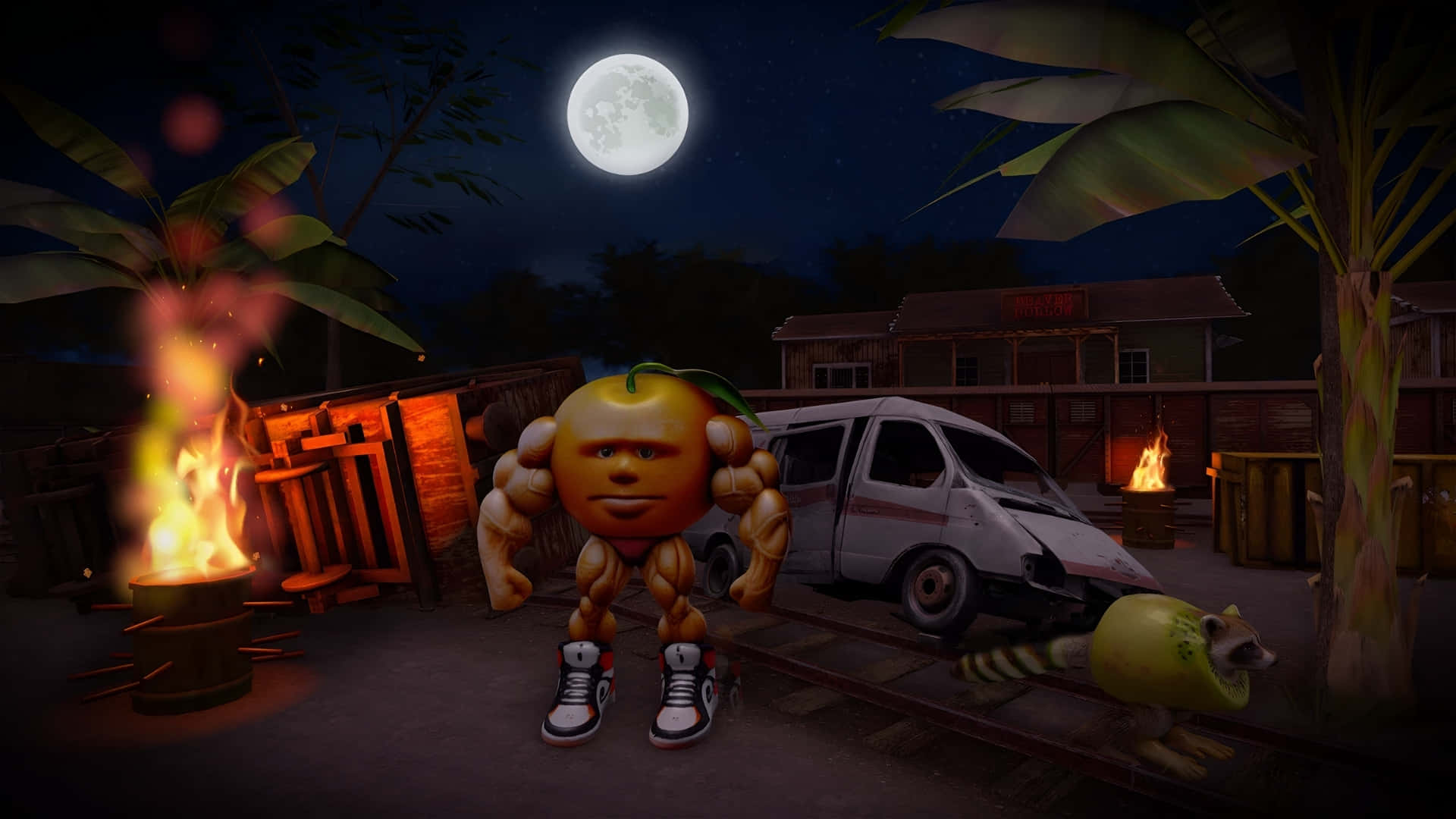 Italian Brainrot, muscular orange character, moonlit junkyard, Full HD Desktop Wallpaper