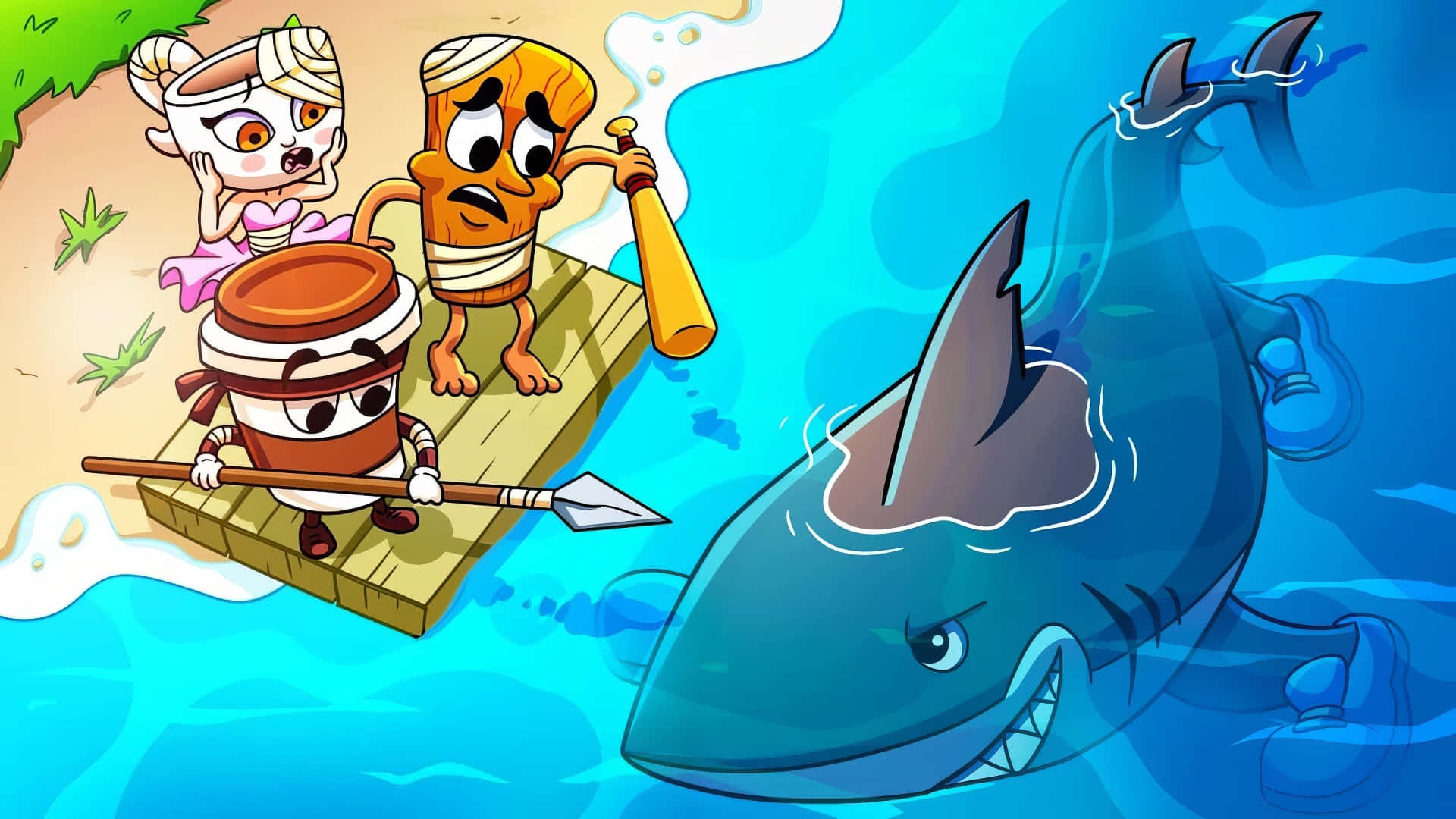 Italian Brainrot, cartoon food characters, raft, Full HD Desktop Wallpaper