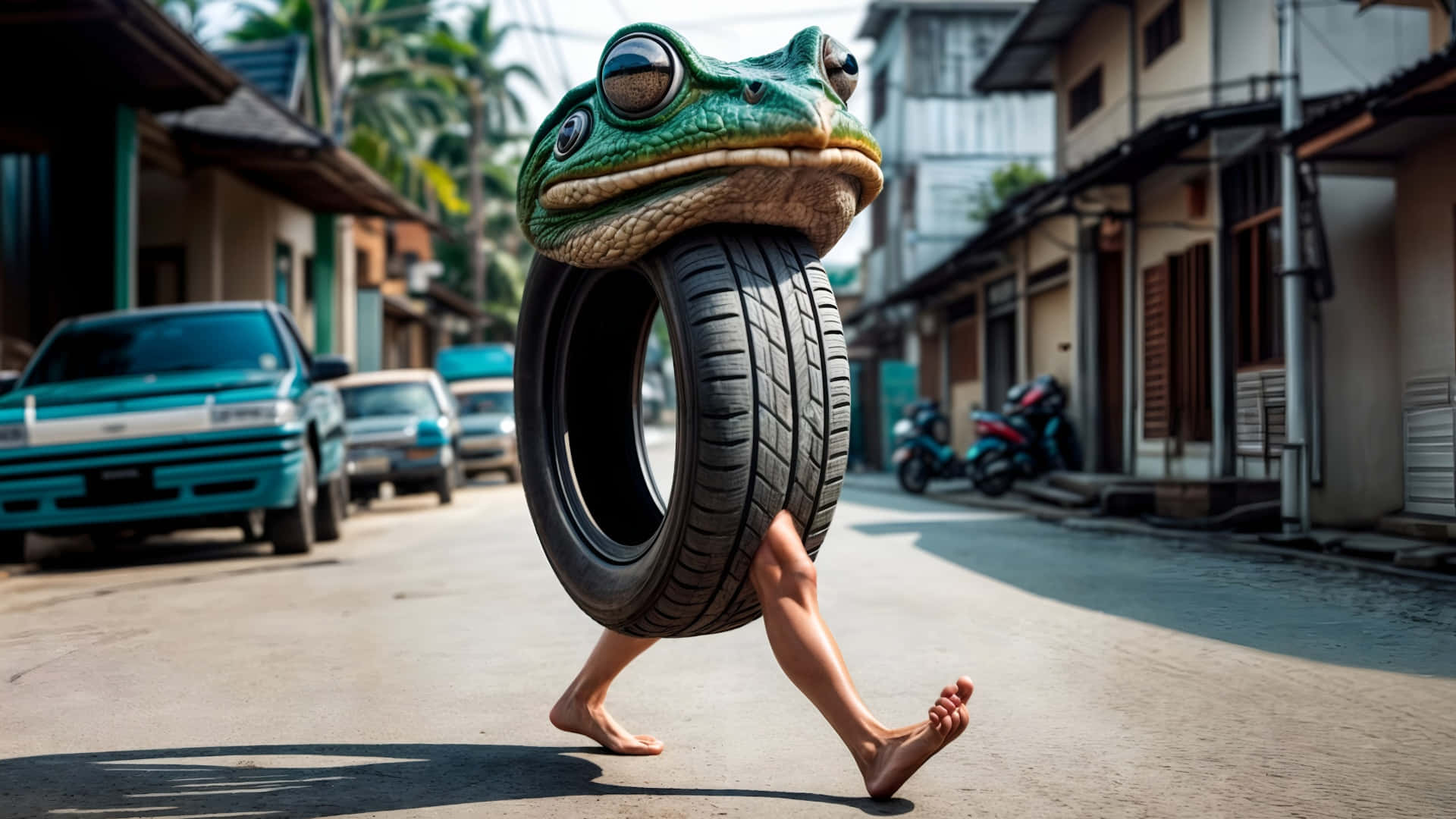 surreal frog-headed humanoid, giant tire, sunlit urban street, Full HD Desktop Wallpaper