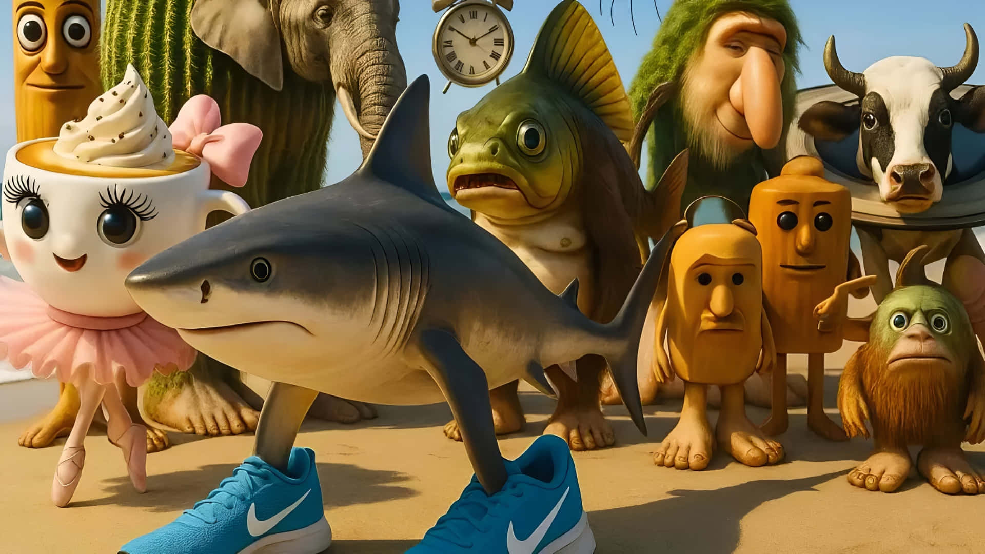 Italian Brainrot, cartoon shark, blue sneakers, Full HD Desktop Wallpaper