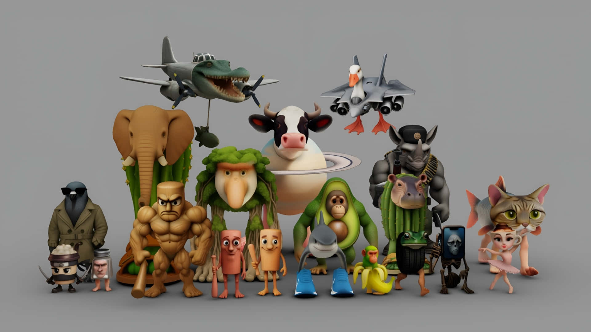 Italian Brainrot, cartoon animals, 3d render, Full HD Desktop Wallpaper