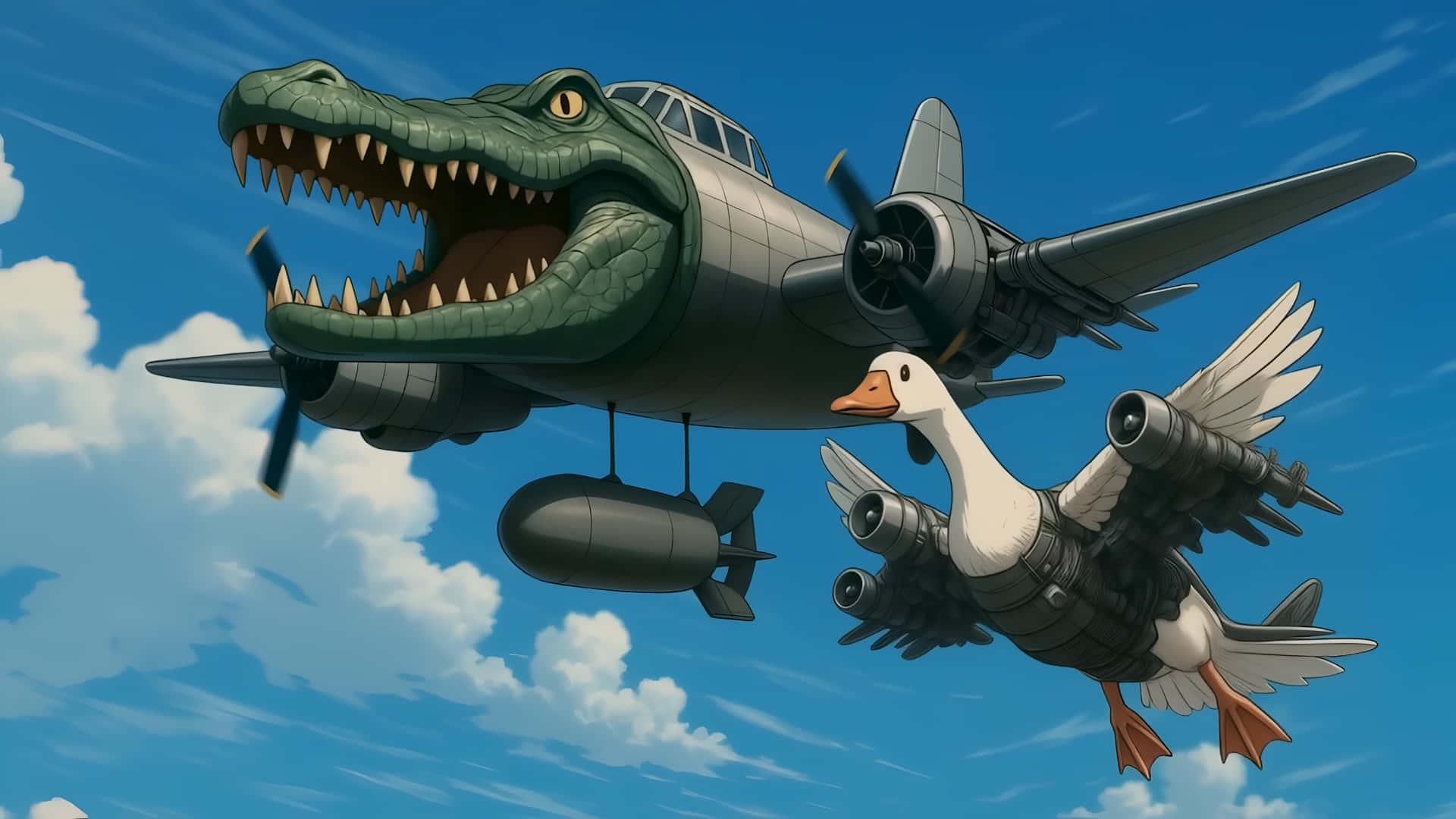 Italian Brainrot, cartoon alligator airplane, goose fighter jet, Full HD Desktop Wallpaper